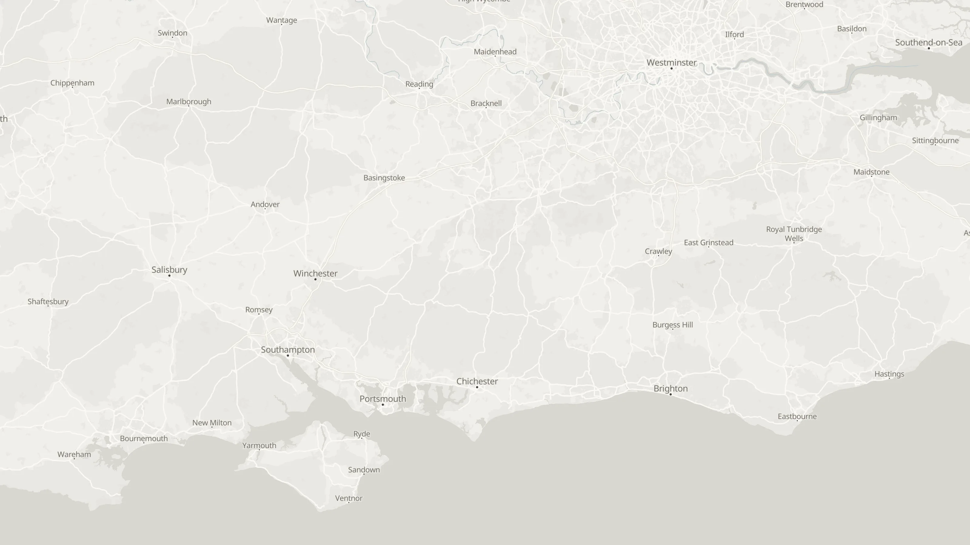 Map from Hayling Island to the airports served, with simultaneous routed lines and labelled airport points