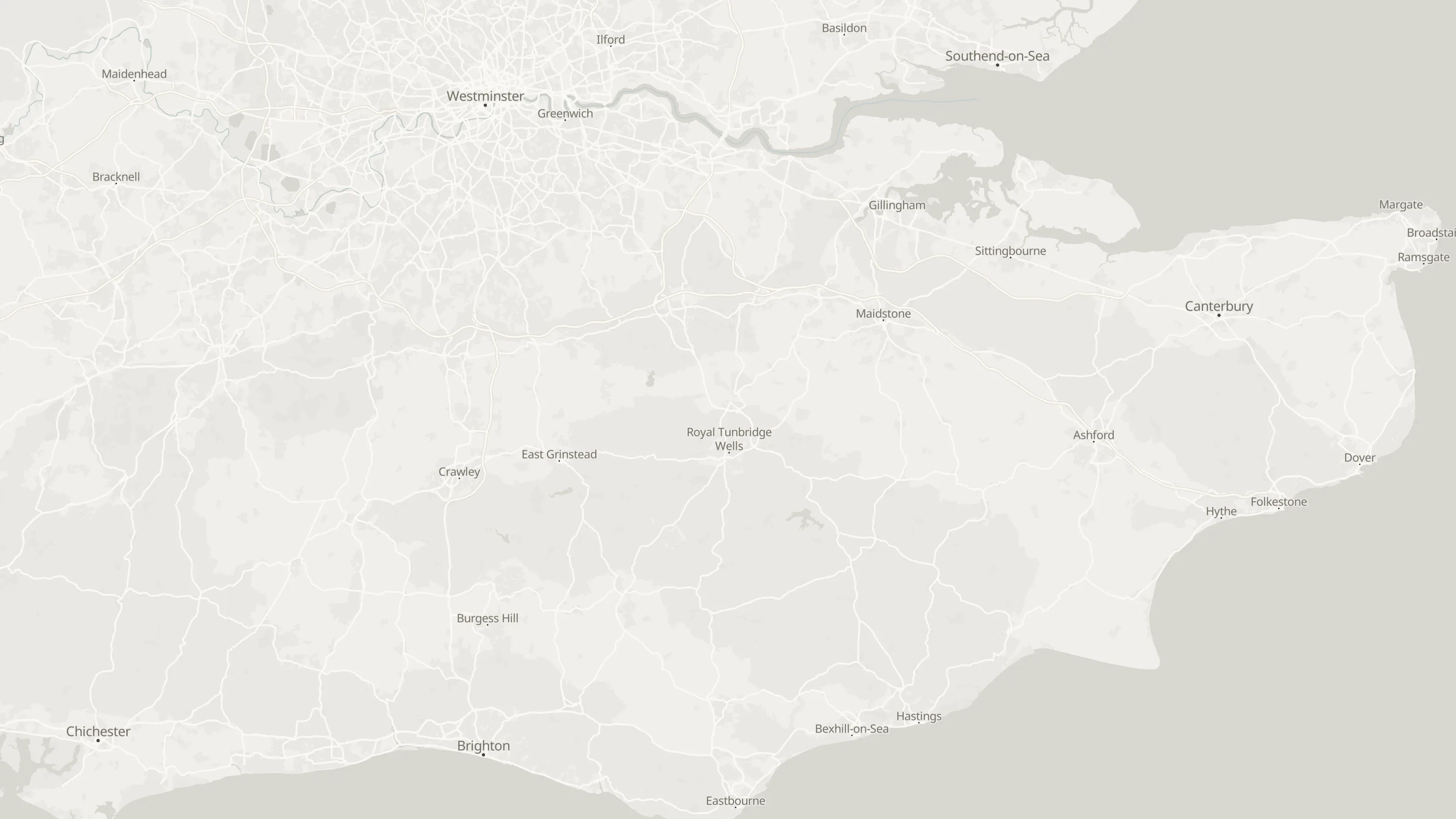 Map from Uckfield to the airports served, with simultaneous routed lines and labelled airport points