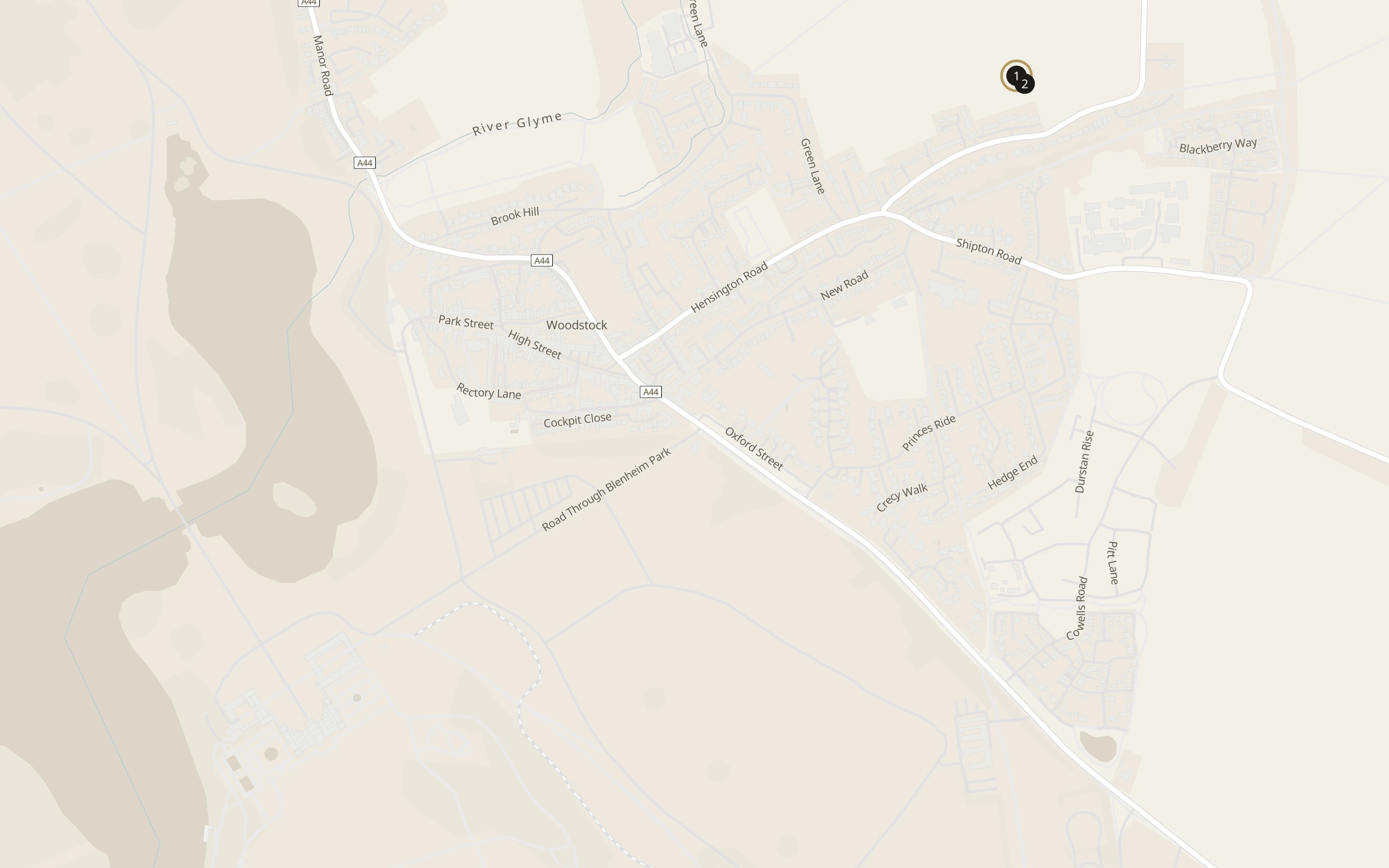 Numbered approach map for Blenheim Palace showing set-down and collection pins