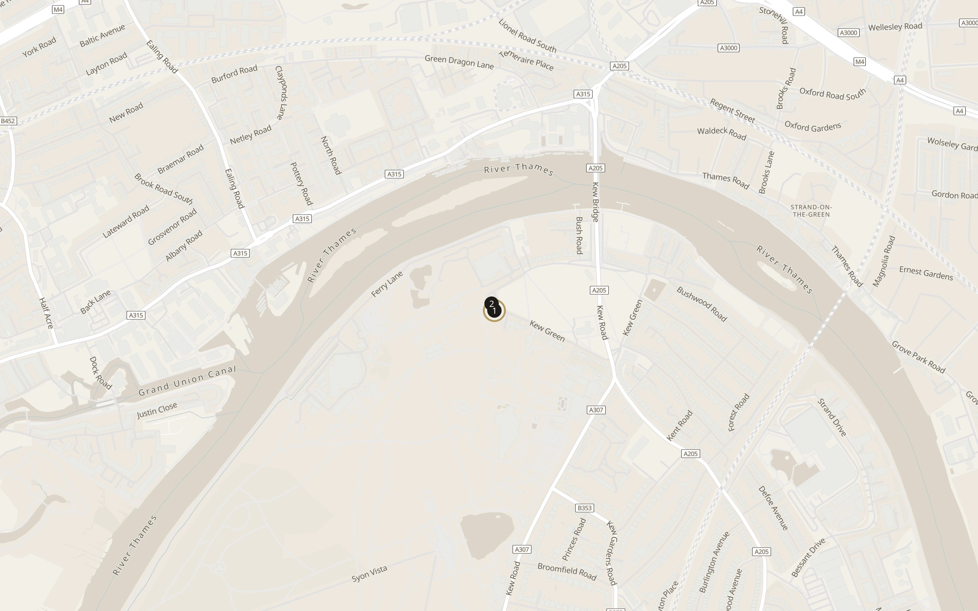 Numbered approach map for Royal Botanic Gardens, Kew showing set-down and collection pins