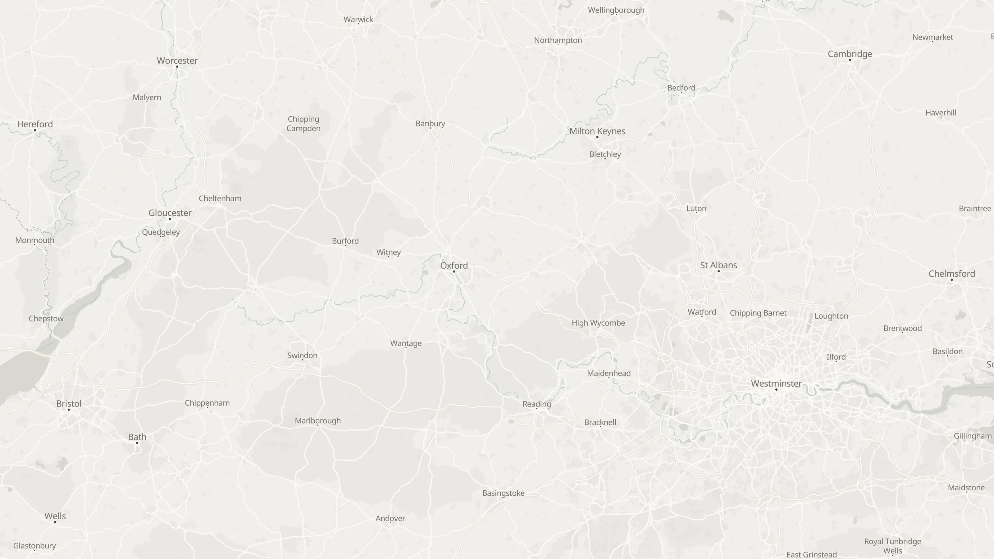 Route map from Reading to Cambridge along the planned road route