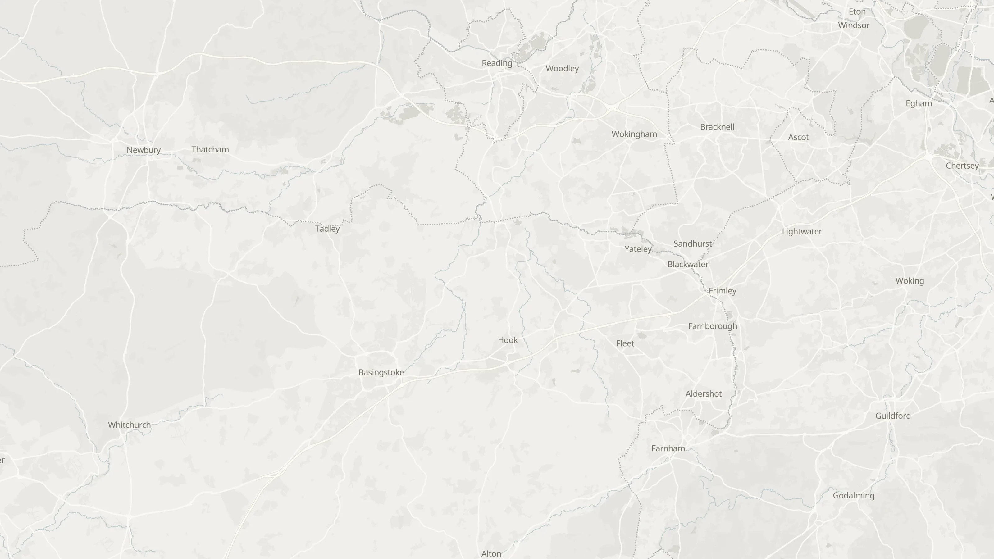 Route map from Reading (representative route start) to Guildford (representative route end) along the planned road route