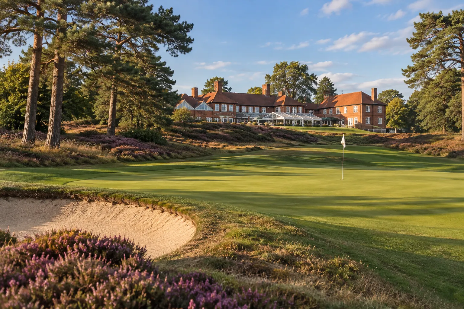 Illustrative view of The Berkshire Golf Club red-brick clubhouse across a green, grounded in the club's published photography
