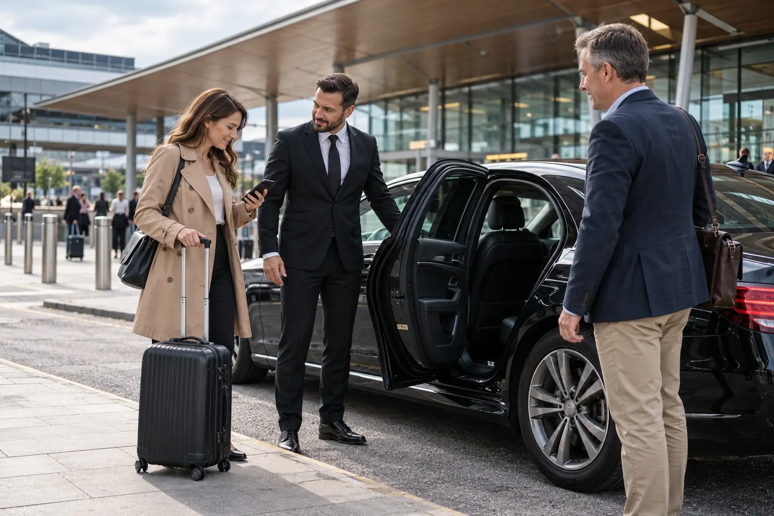 AI-generated illustration of fictional passengers discussing an arrival beside a car at an anonymous station