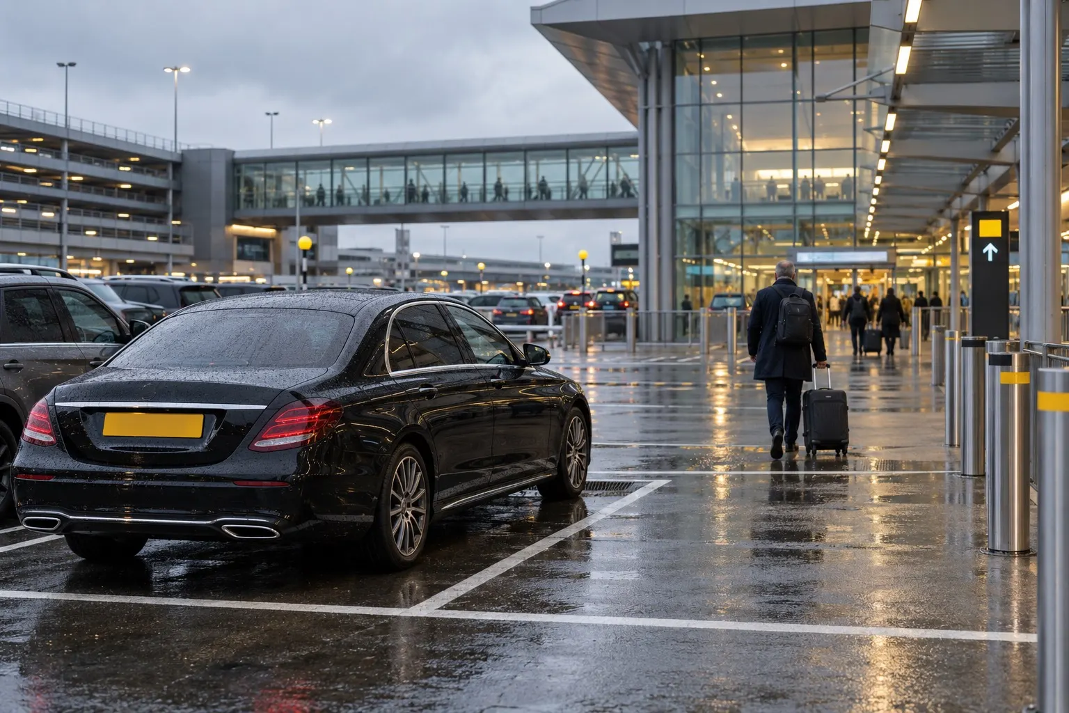 Illustrative airport short-stay parking and a traveller walking to a terminal in rain