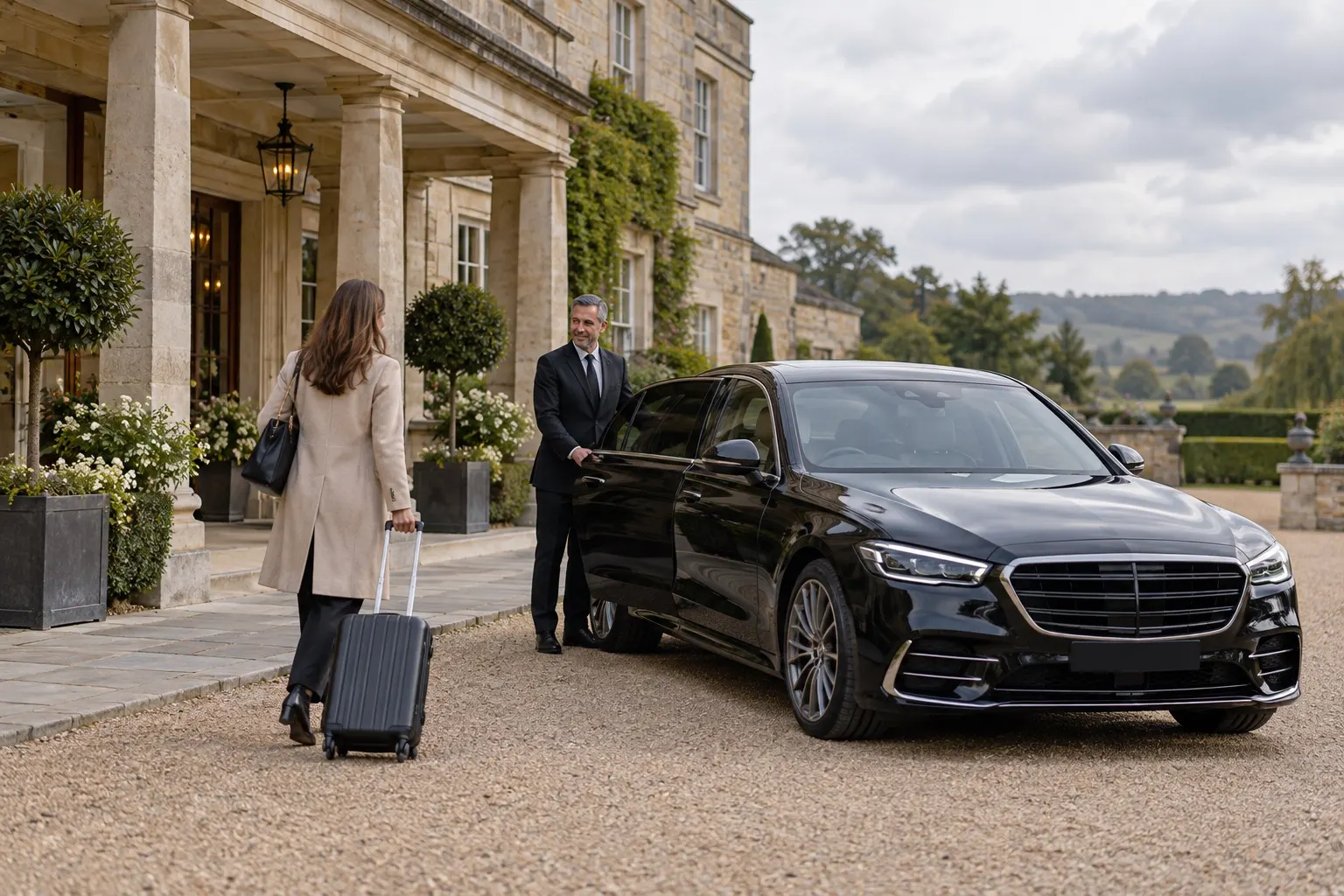 Illustrative traveller with luggage meeting a chauffeur beside an executive saloon at an anonymous English hotel