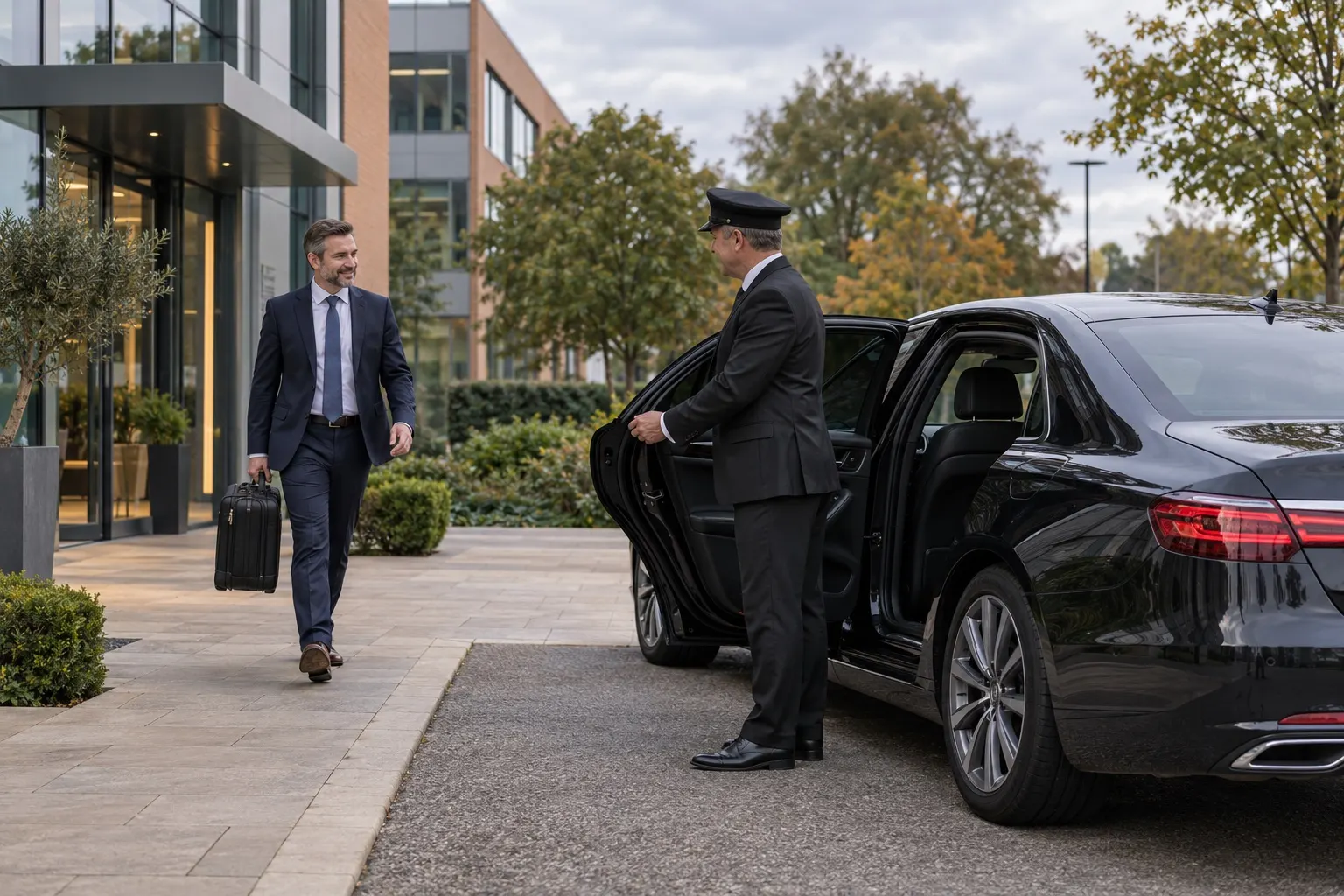 AI-generated illustration of a fictional chauffeur welcoming a passenger at an anonymous Berkshire-style office