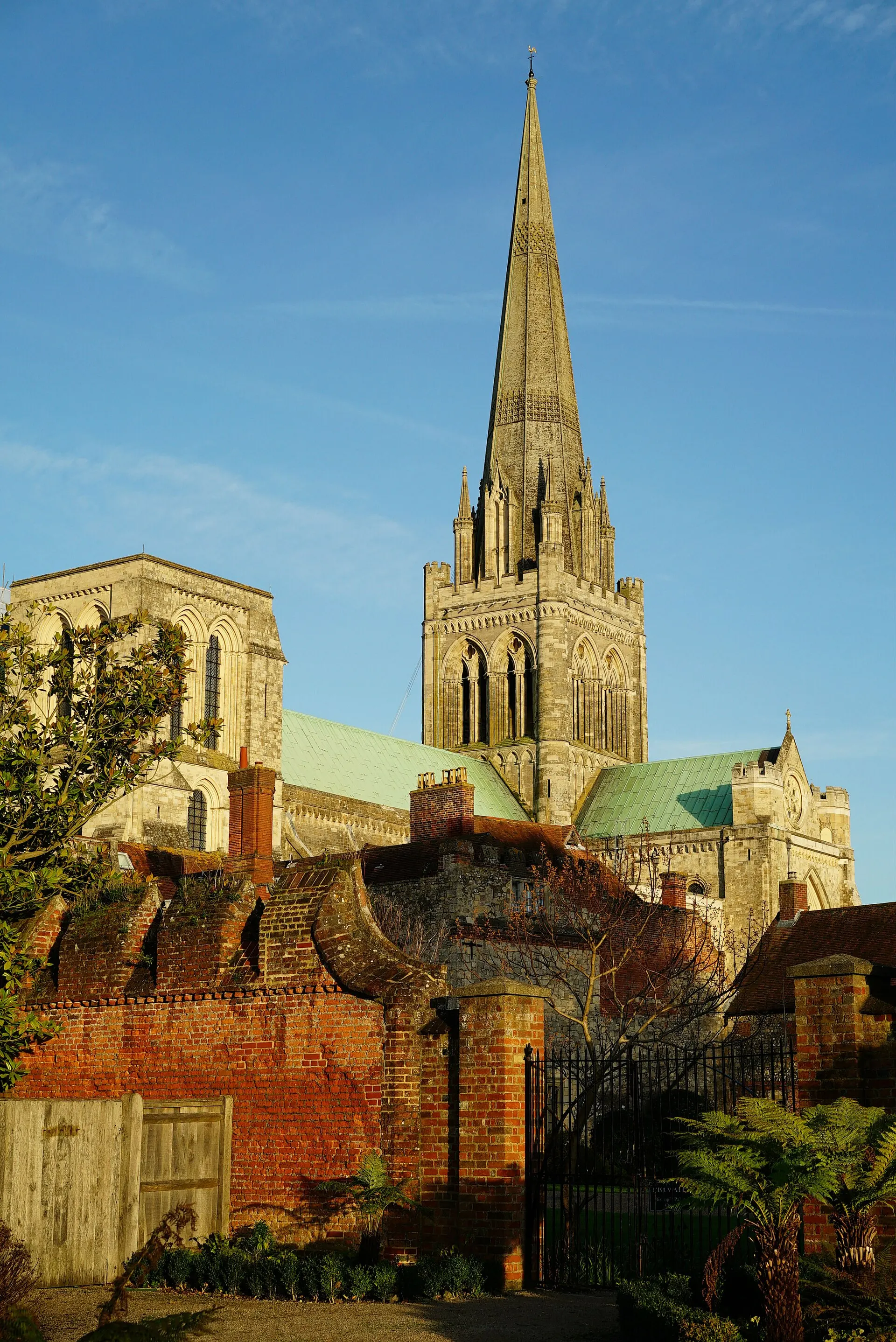 Chichester Cathedral seen from Bishop's Palace Gardens in December 2014
