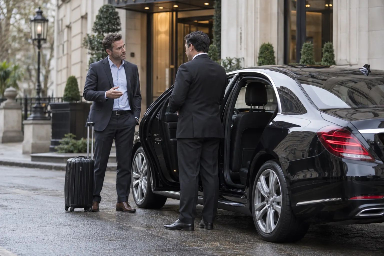 Illustration of a traveller discussing a journey brief with a chauffeur beside an executive car