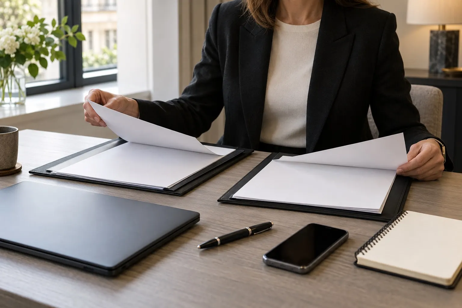 AI illustration of a traveller comparing blank quotation folders