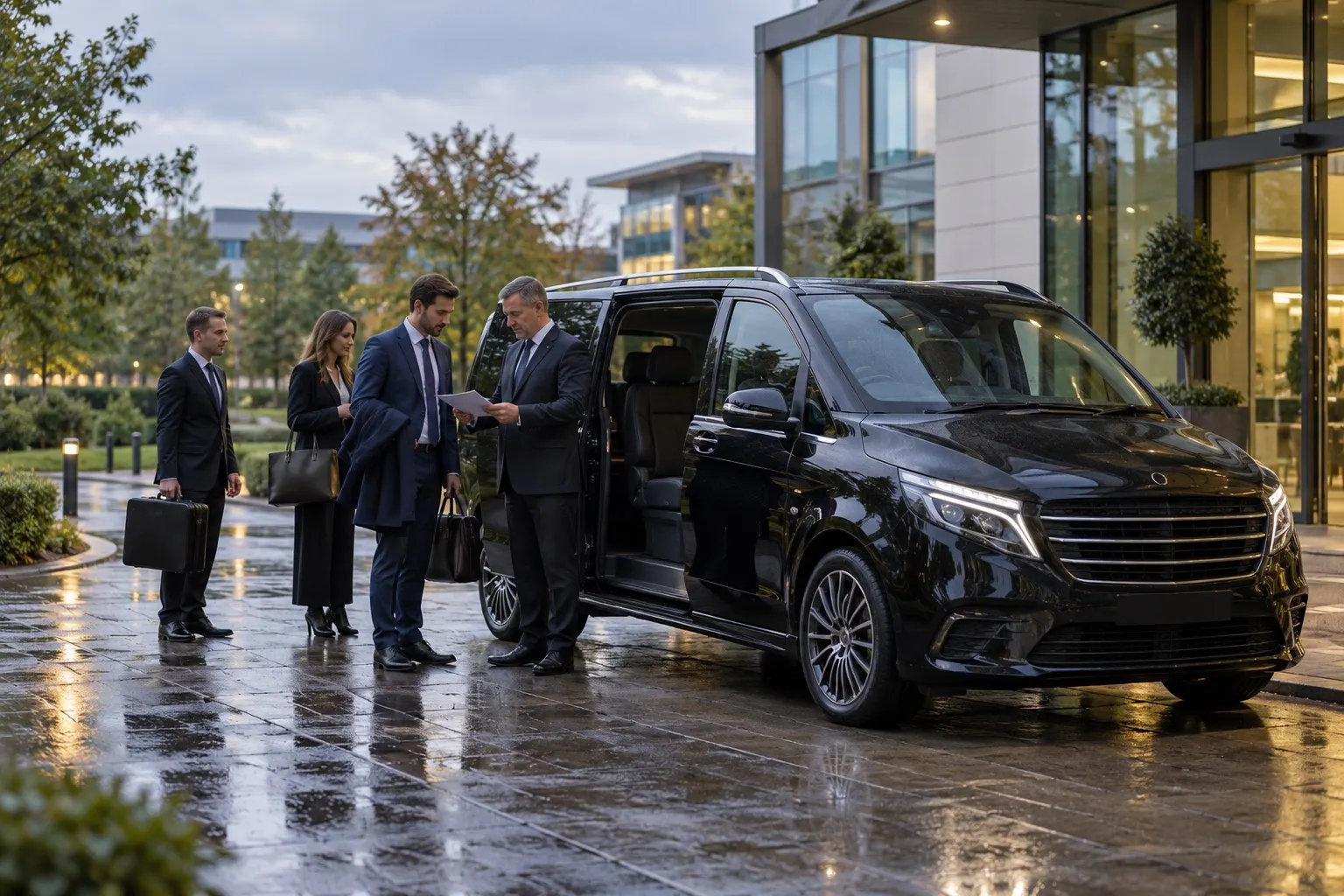 Illustrative corporate travellers and chauffeur reviewing an itinerary beside a people carrier at an anonymous office campus