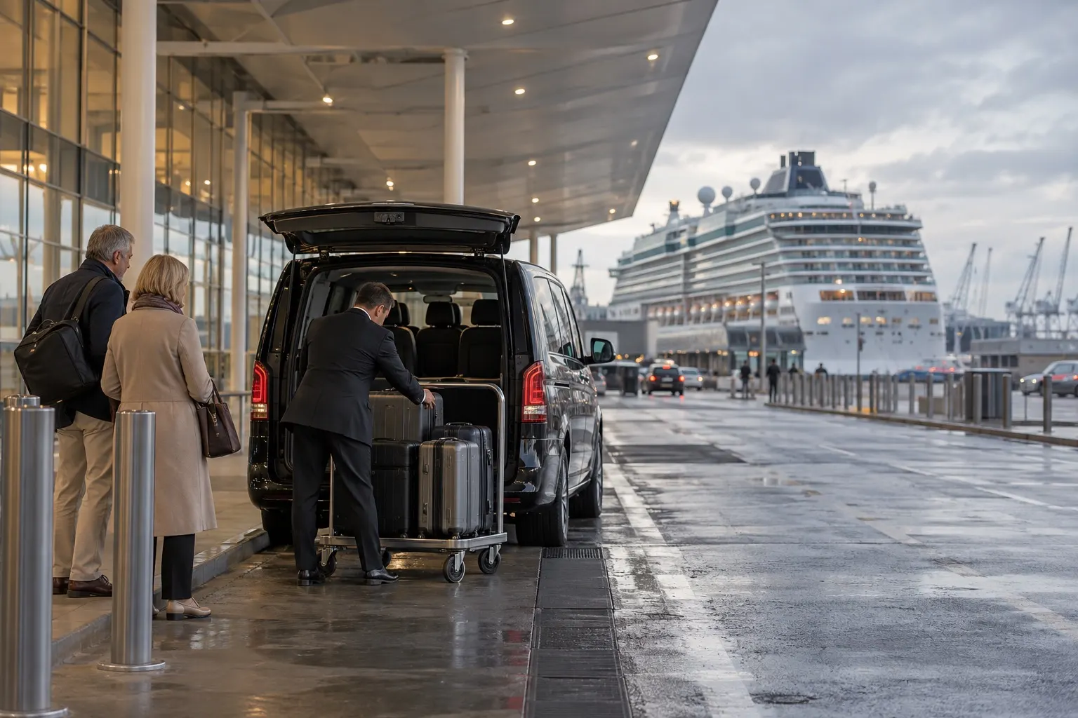 Illustrative chauffeur moving a cruise party's cases from a people carrier to a trolley at an anonymous port terminal