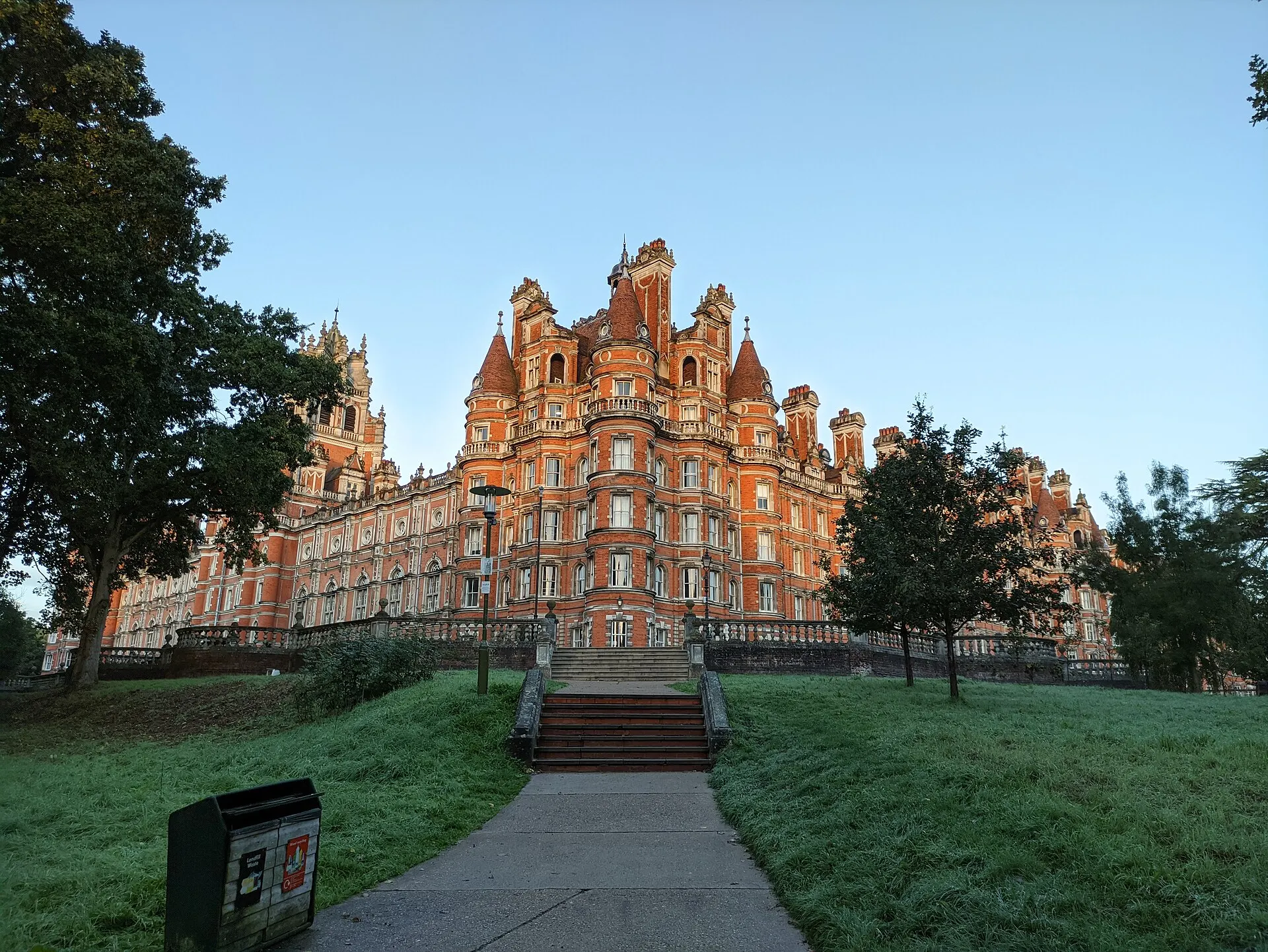Royal Holloway Founder's Building in morning sunlight in October 2022
