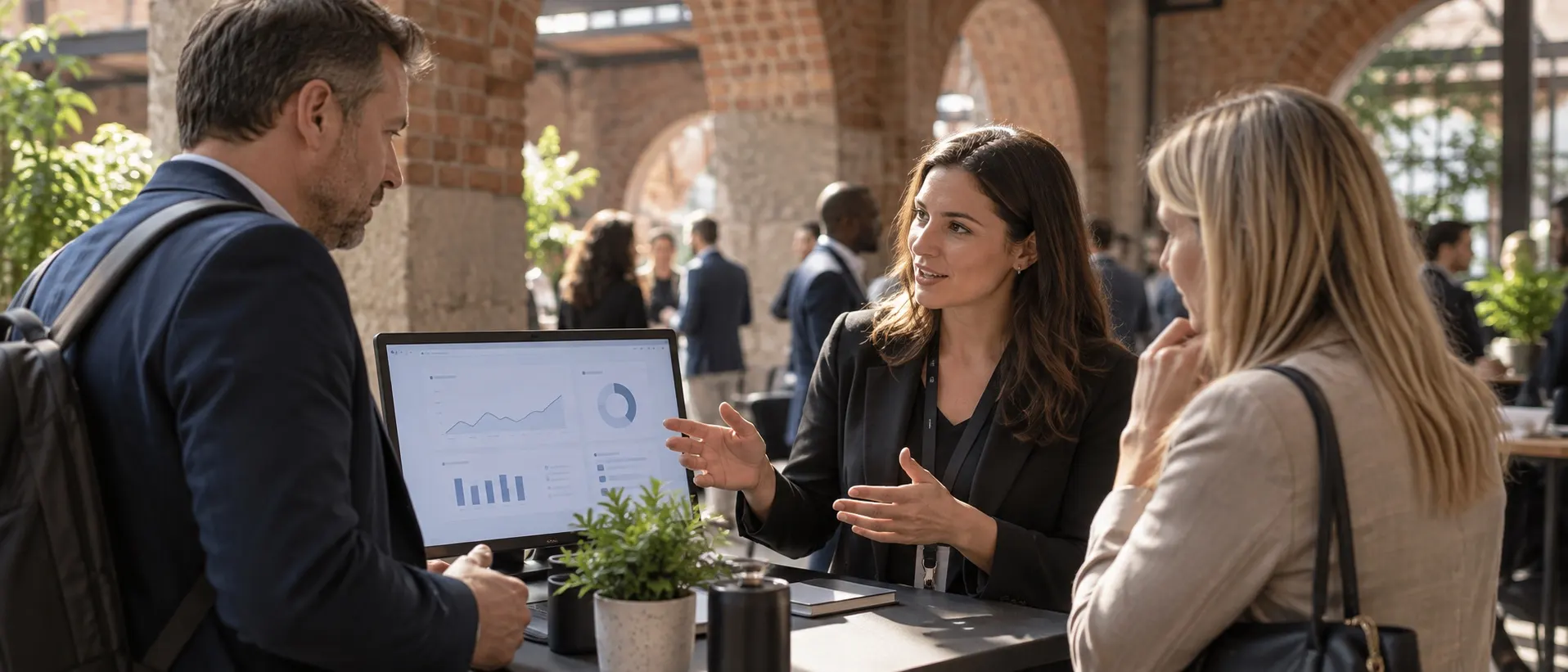 Illustrative AI software demonstration in Tobacco Dock's brick-arched networking space