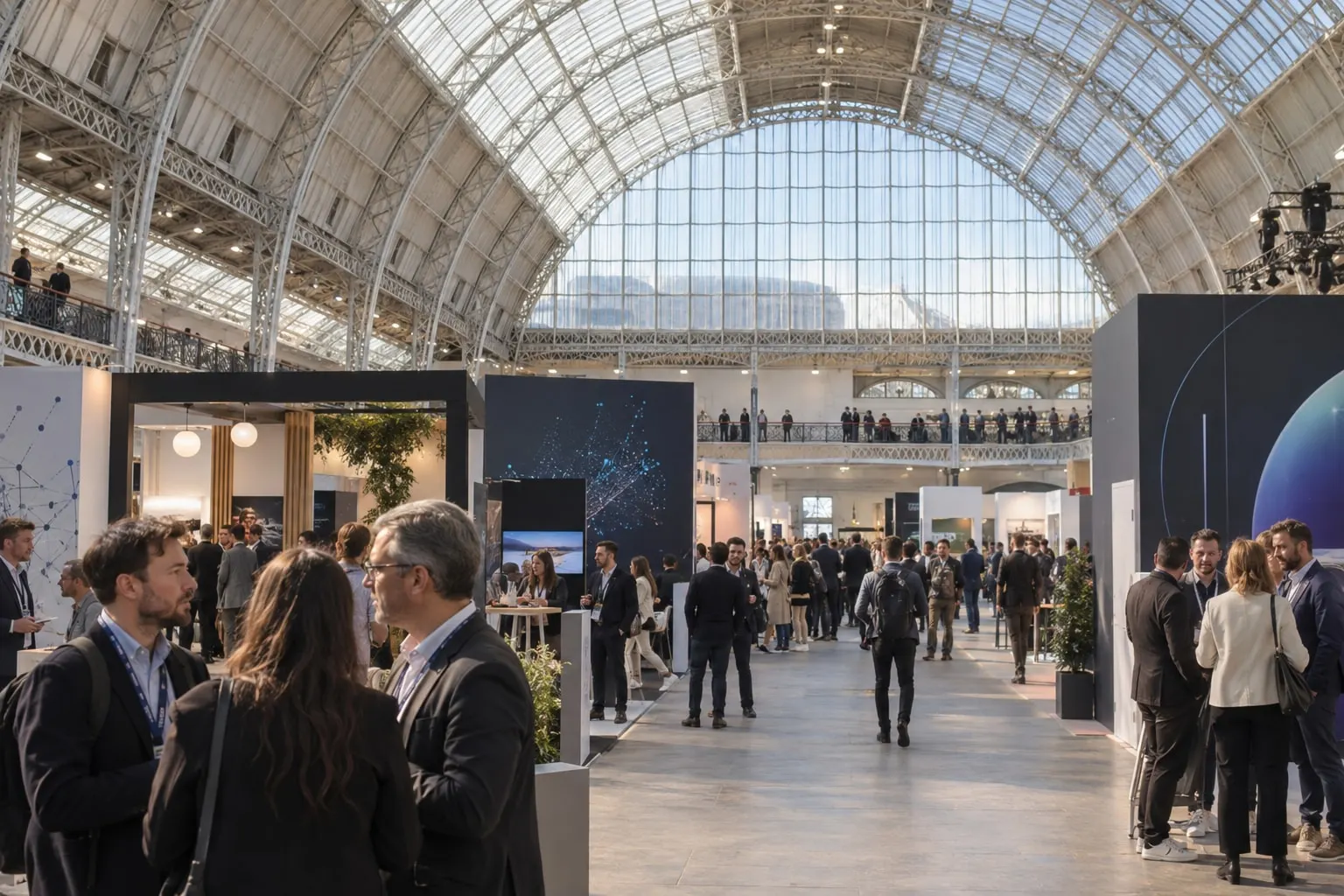 Illustrative Big Data LDN-style exhibition hall beneath Olympia London’s arched glass roof