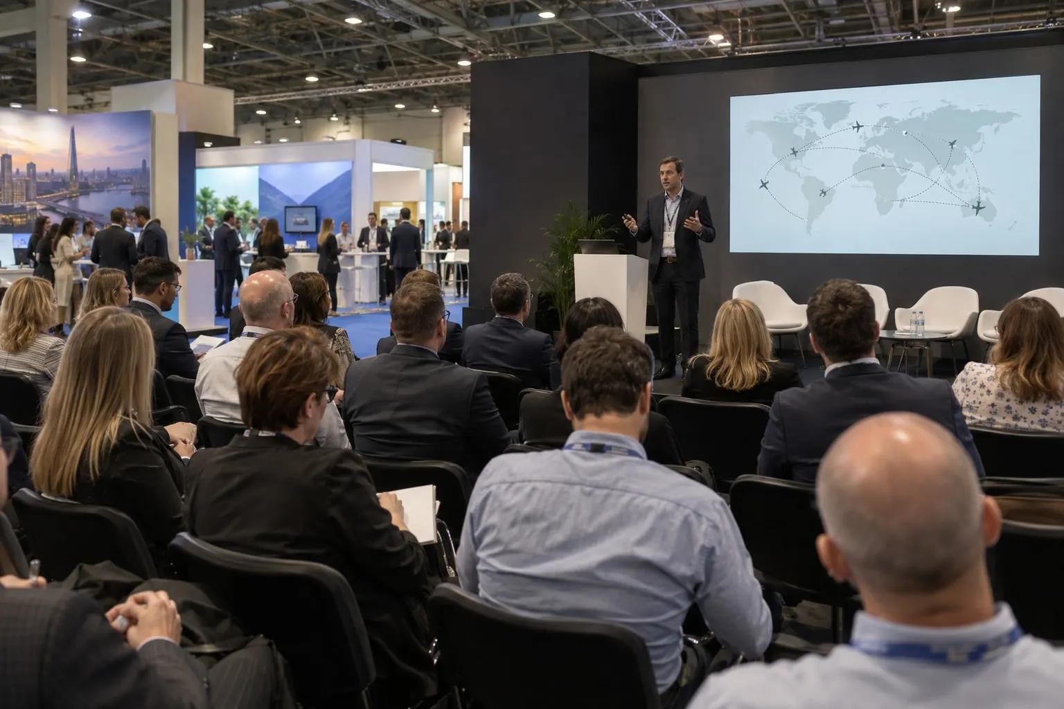 Illustrative business travel conference session inside Excel London