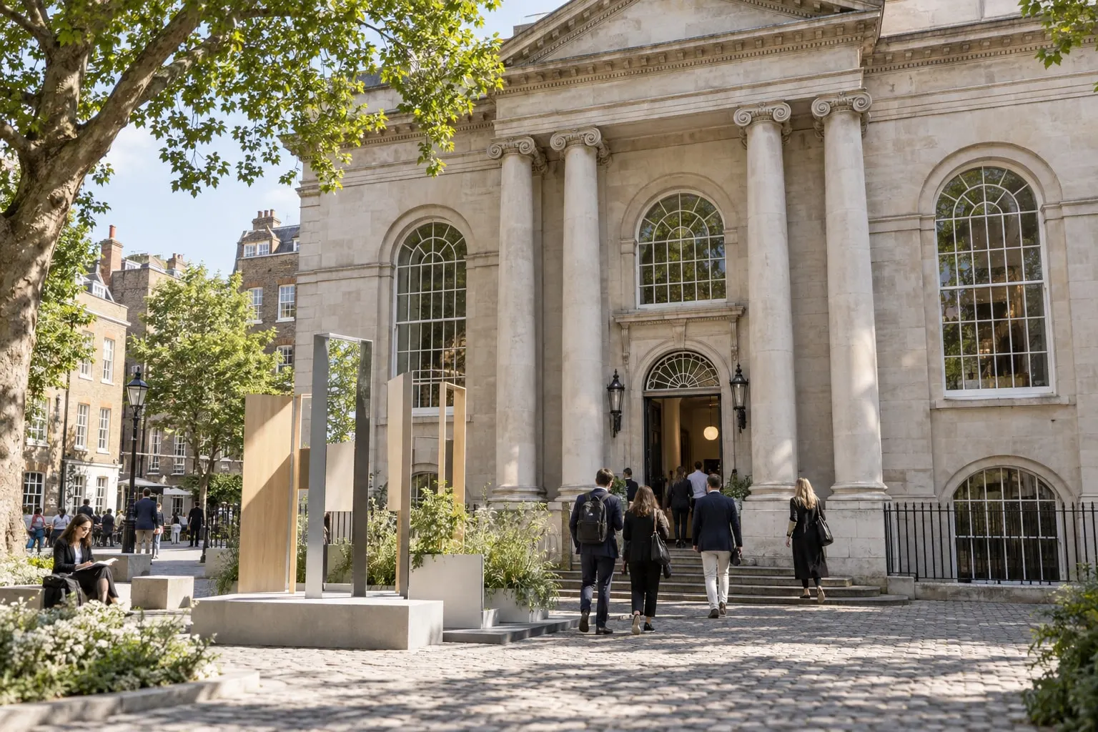 Illustrative design-week installation outside an Old Sessions House-inspired façade