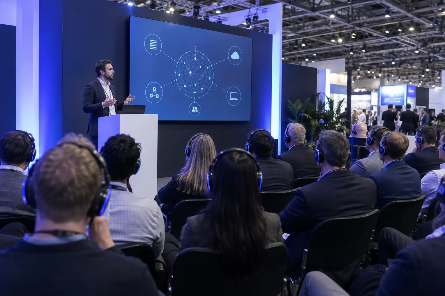 Illustrative Cloud & Cyber Security Expo conference theatre with headset audience
