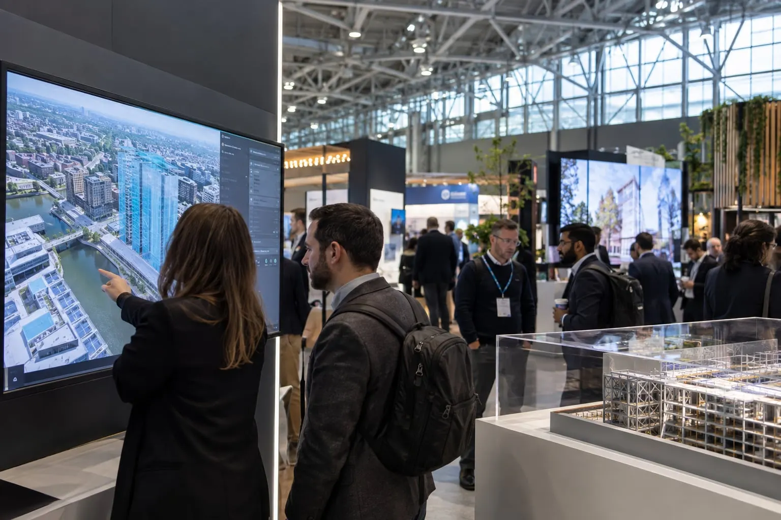 Illustrative digital construction exhibition with building-model displays
