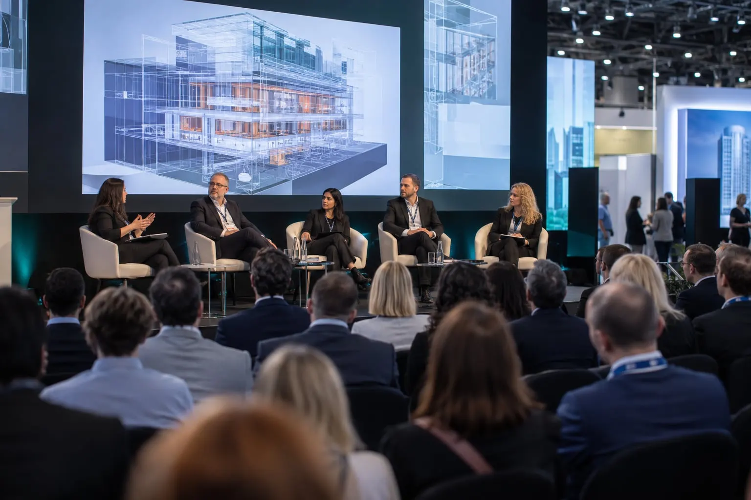 Illustrative digital built-environment conference panel and audience