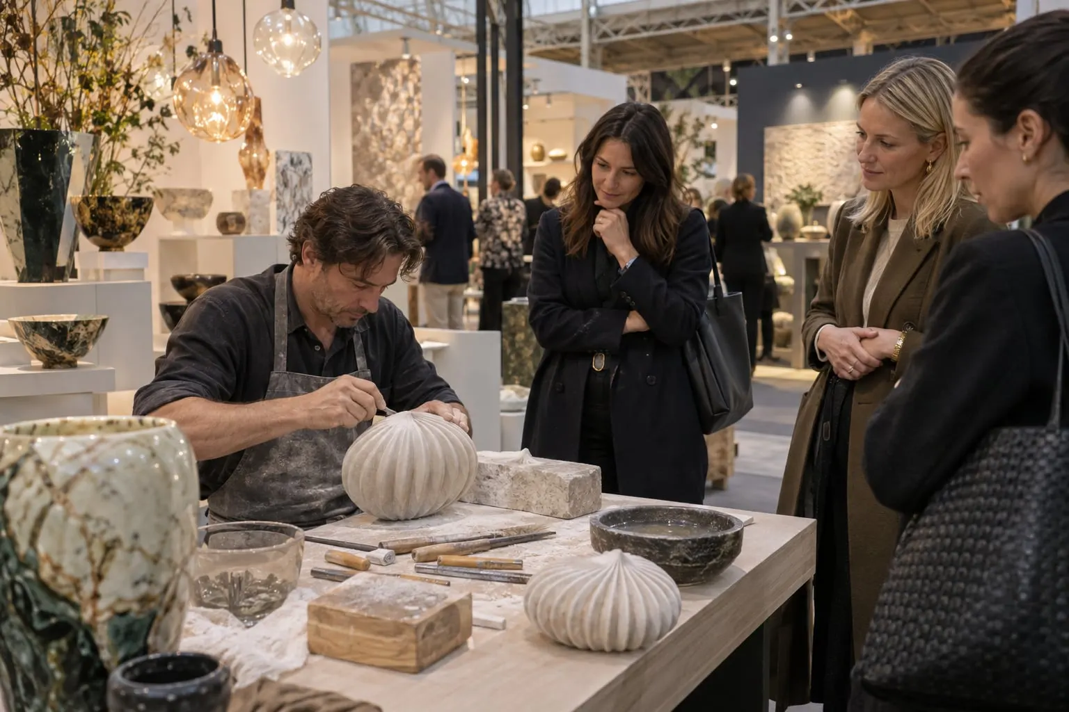 Illustrative artisan craft demonstration at a luxury interior design fair