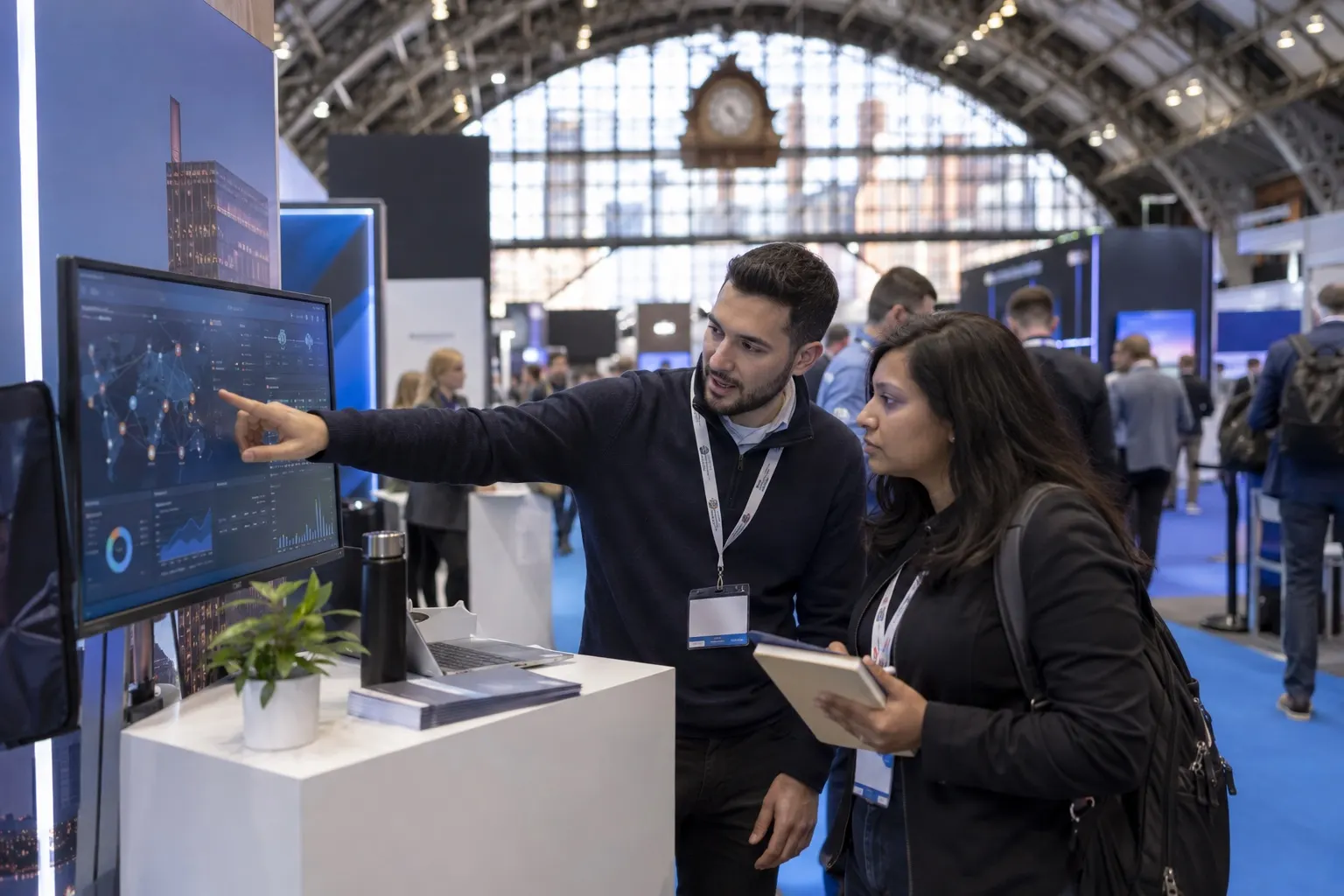 Illustrative cyber and cloud dashboard demonstration at a Manchester technology exhibition