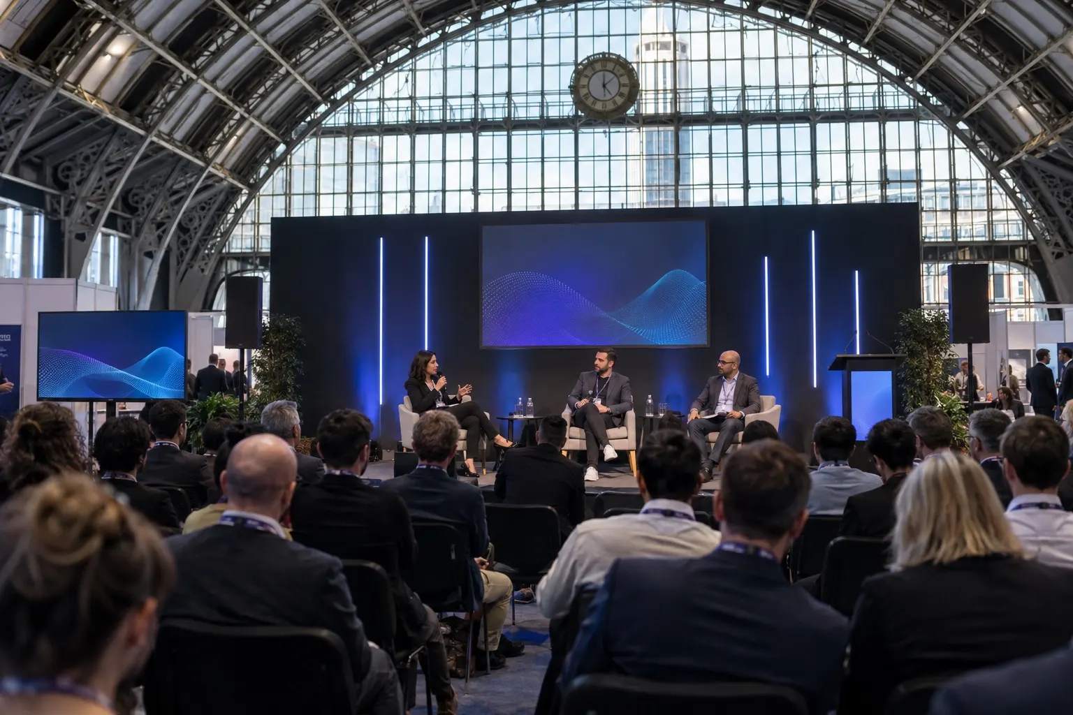 Illustrative digital transformation panel and audience in a Manchester Central-style hall