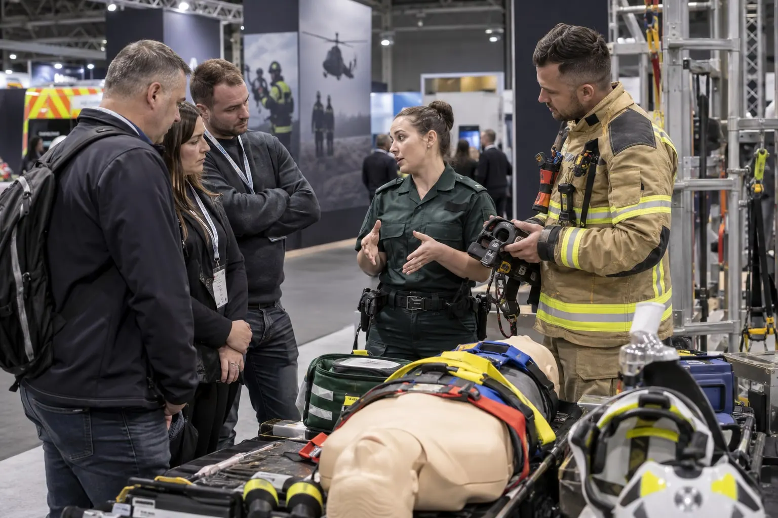 Illustrative multi-agency equipment demonstration at an emergency-services exhibition