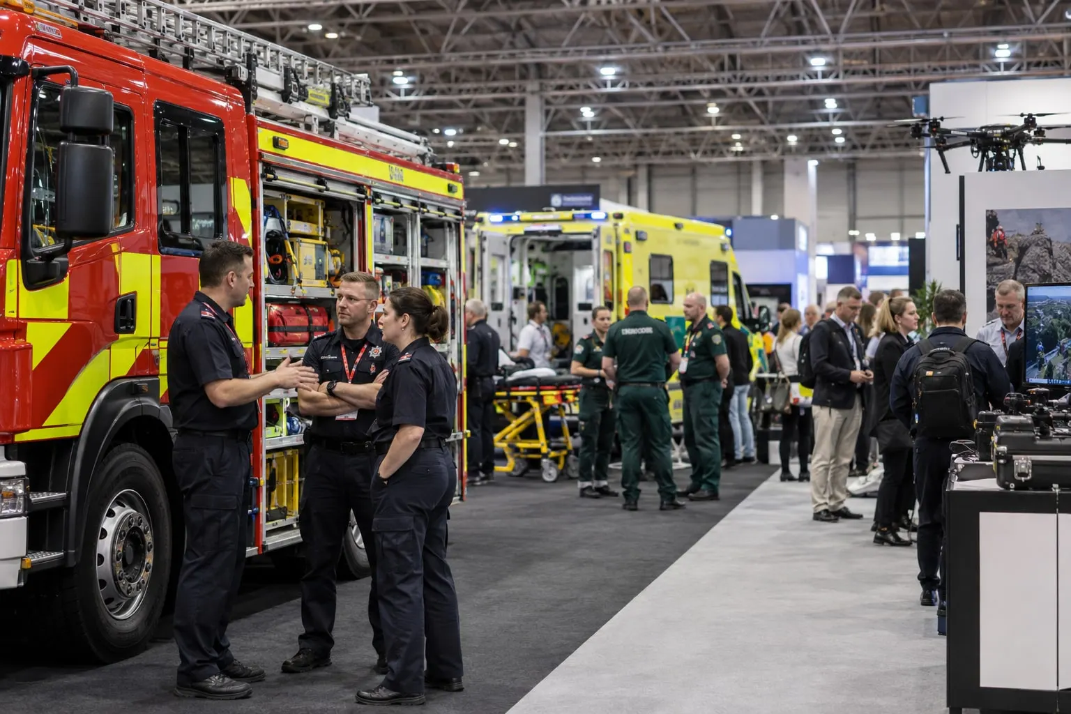 Illustrative emergency-services exhibition hall with fire and ambulance vehicles at the NEC