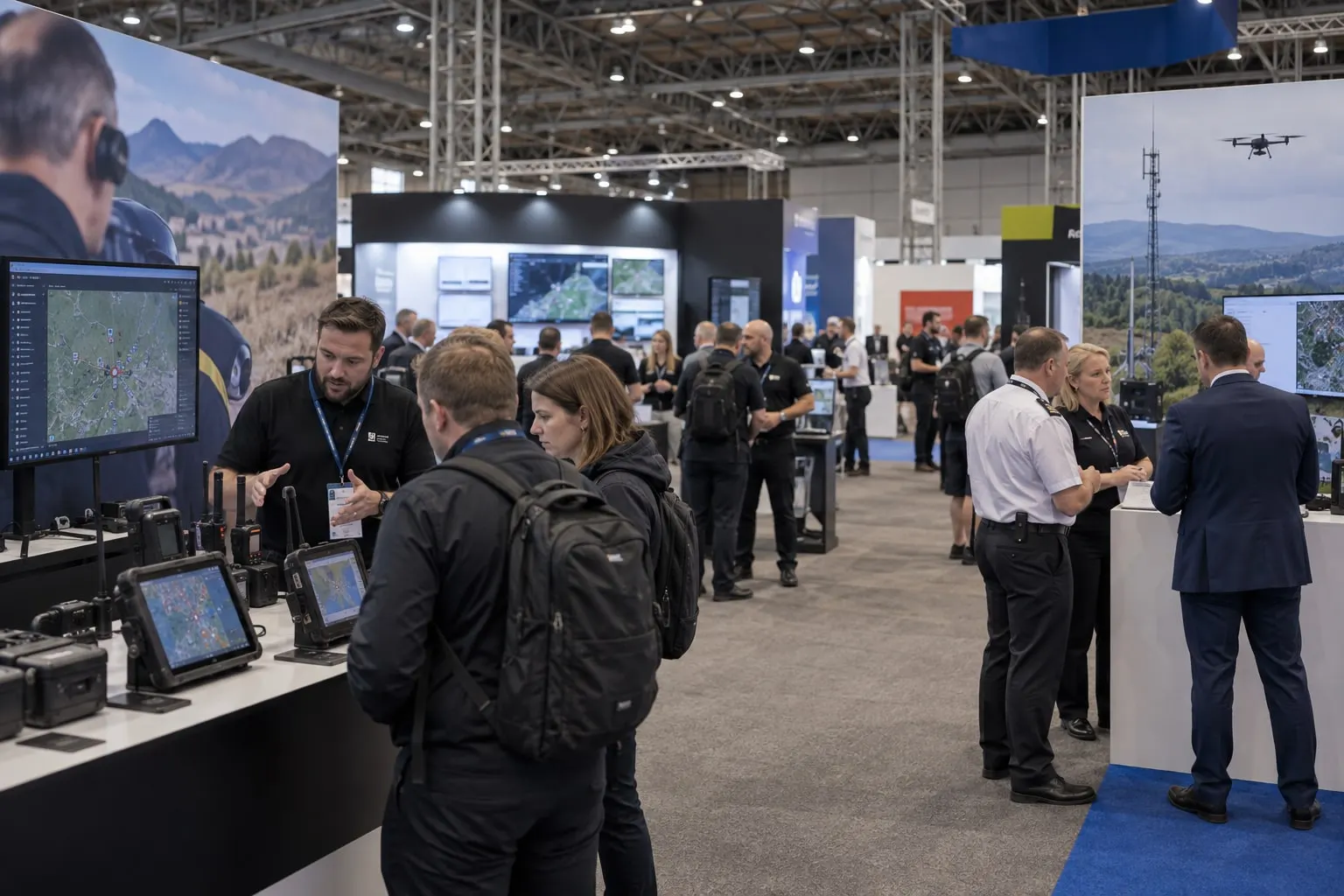 Illustrative emergency-services technology exhibition floor at the NEC