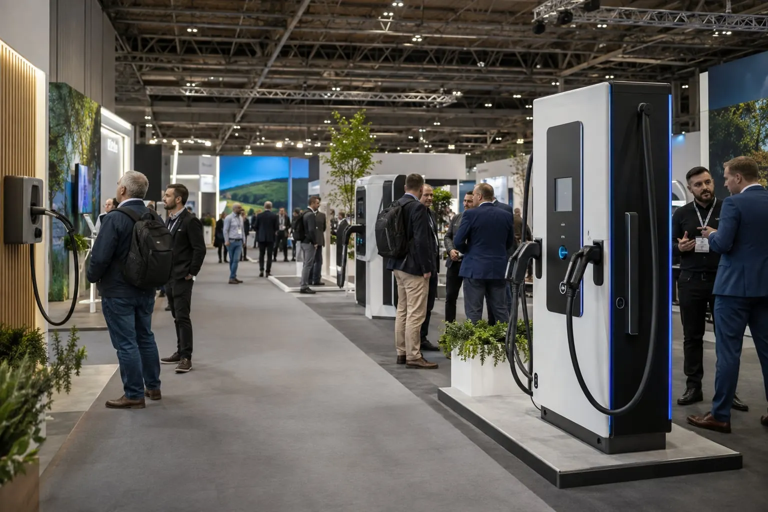 Illustrative EV-charging exhibition hall with charger displays and attendees