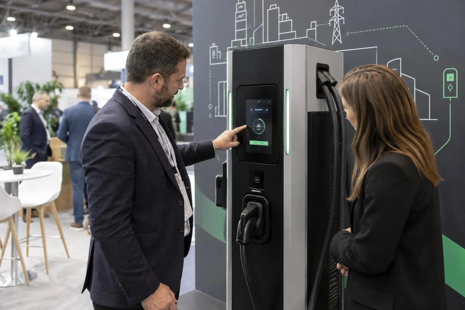Illustrative rapid-charger hardware demonstration at an EV trade stand