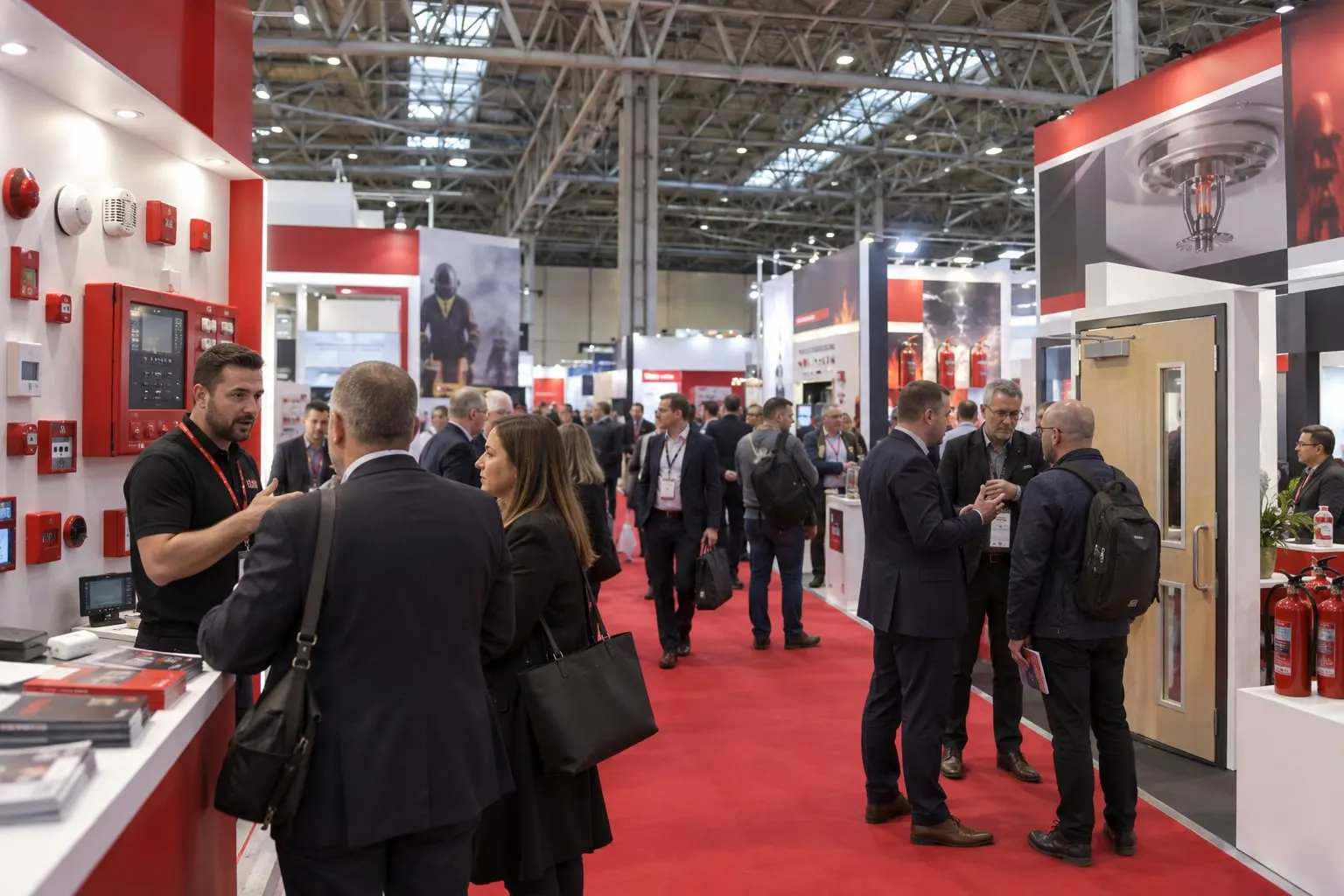 Illustrative fire-safety exhibition floor inspired by The Fire Safety Event at the NEC