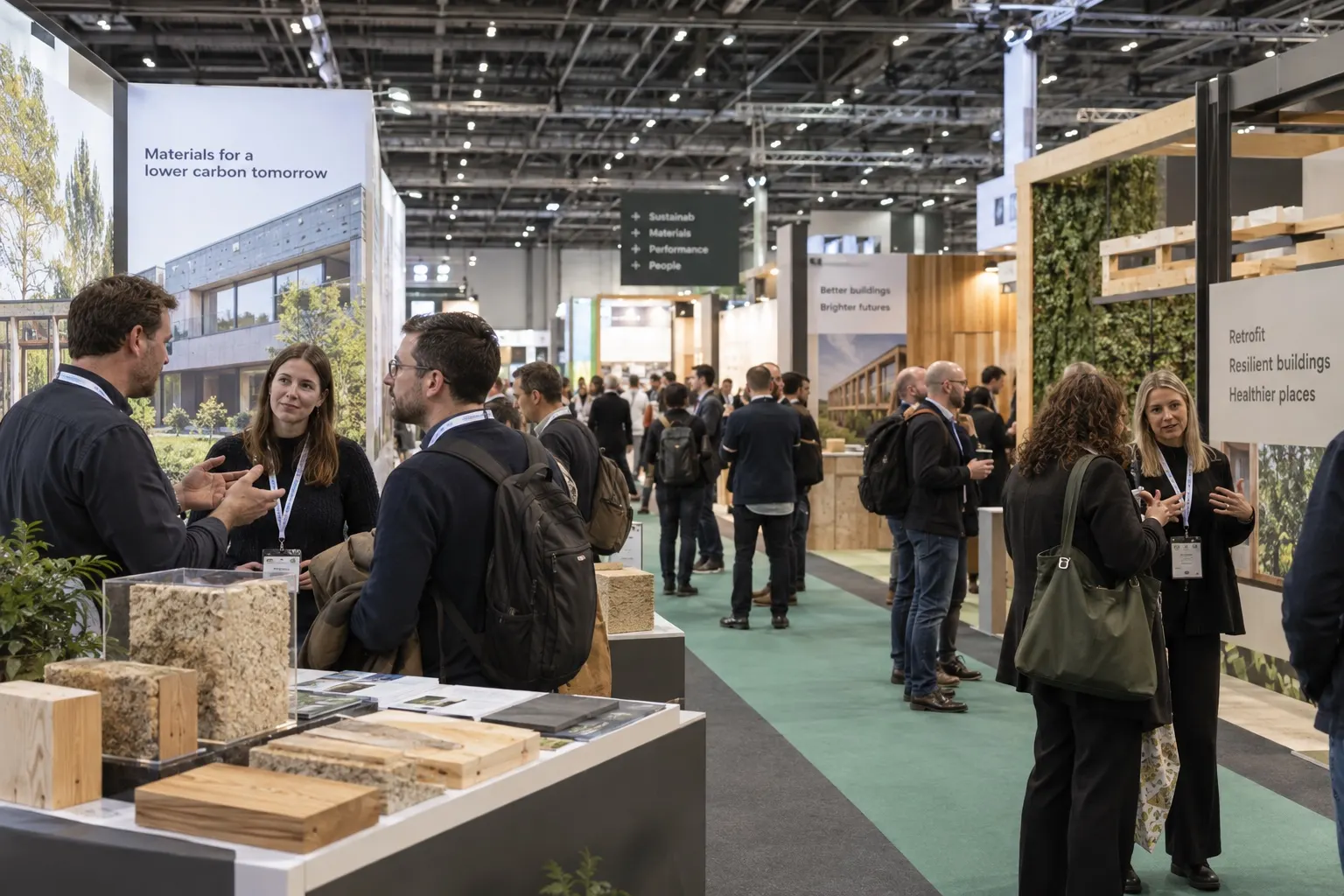 Illustrative Futurebuild-style sustainable construction exhibition at Excel London