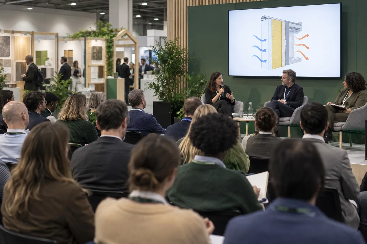 Illustrative building-retrofit conference panel and audience