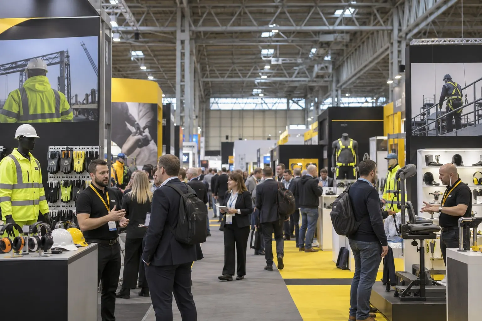 Illustrative workplace health-and-safety exhibition floor inspired by the NEC event