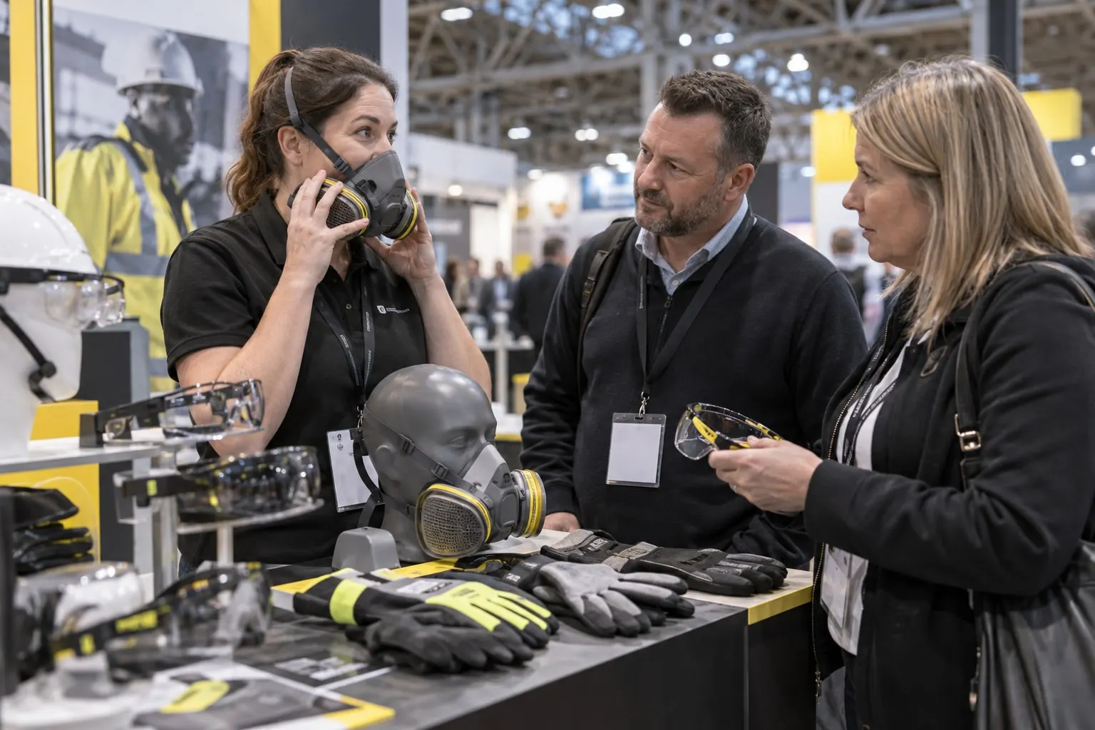 Illustrative PPE and occupational-hygiene product demonstration at a trade stand