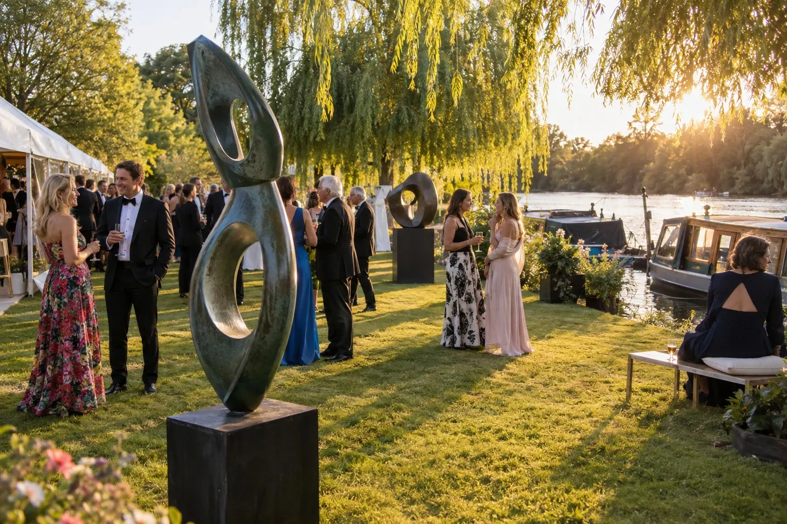 Illustrative Henley Festival sculpture garden beside the River Thames in summer