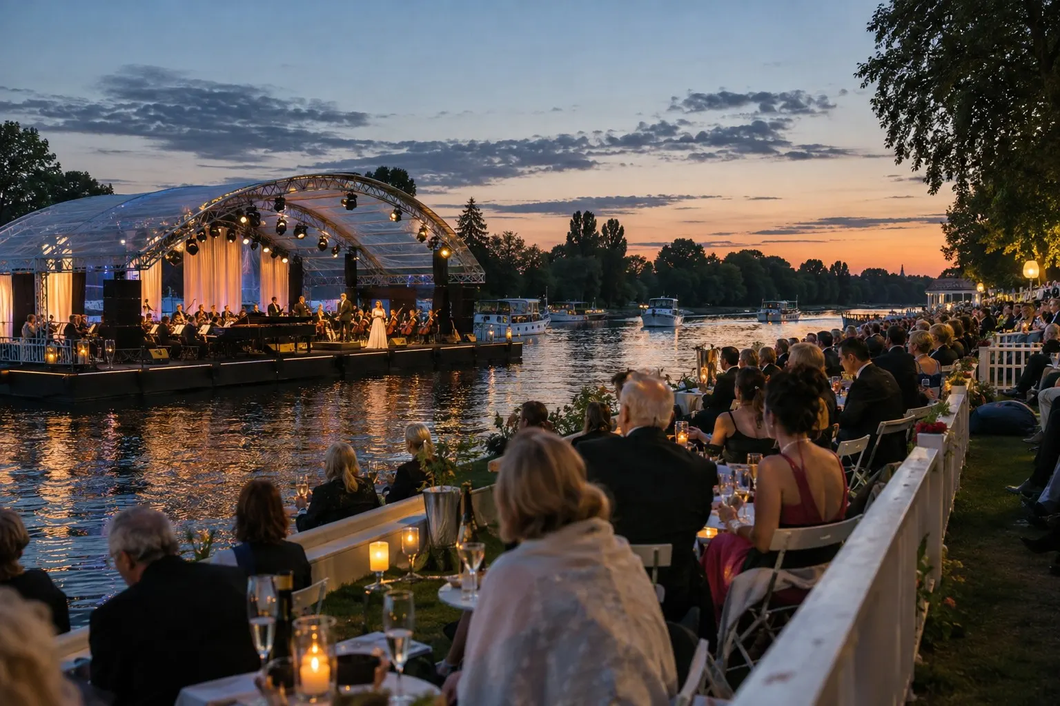 Illustrative Henley Festival floating-stage concert on the Thames at summer dusk