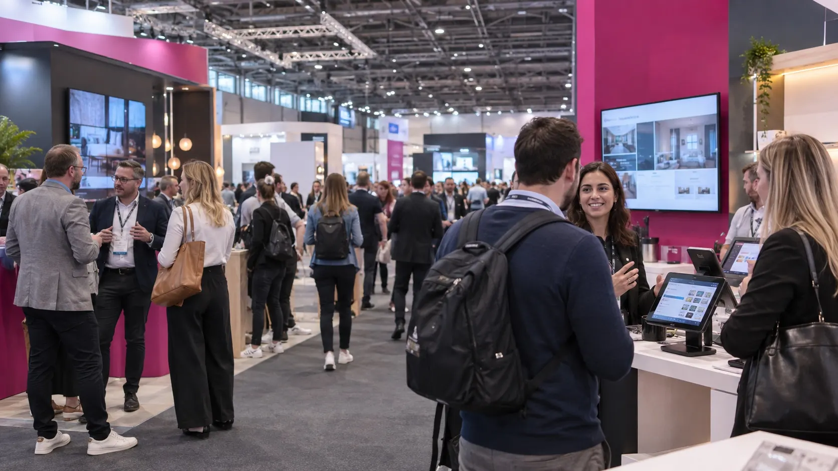 Illustrative hospitality technology exhibition hall with operators viewing digital systems