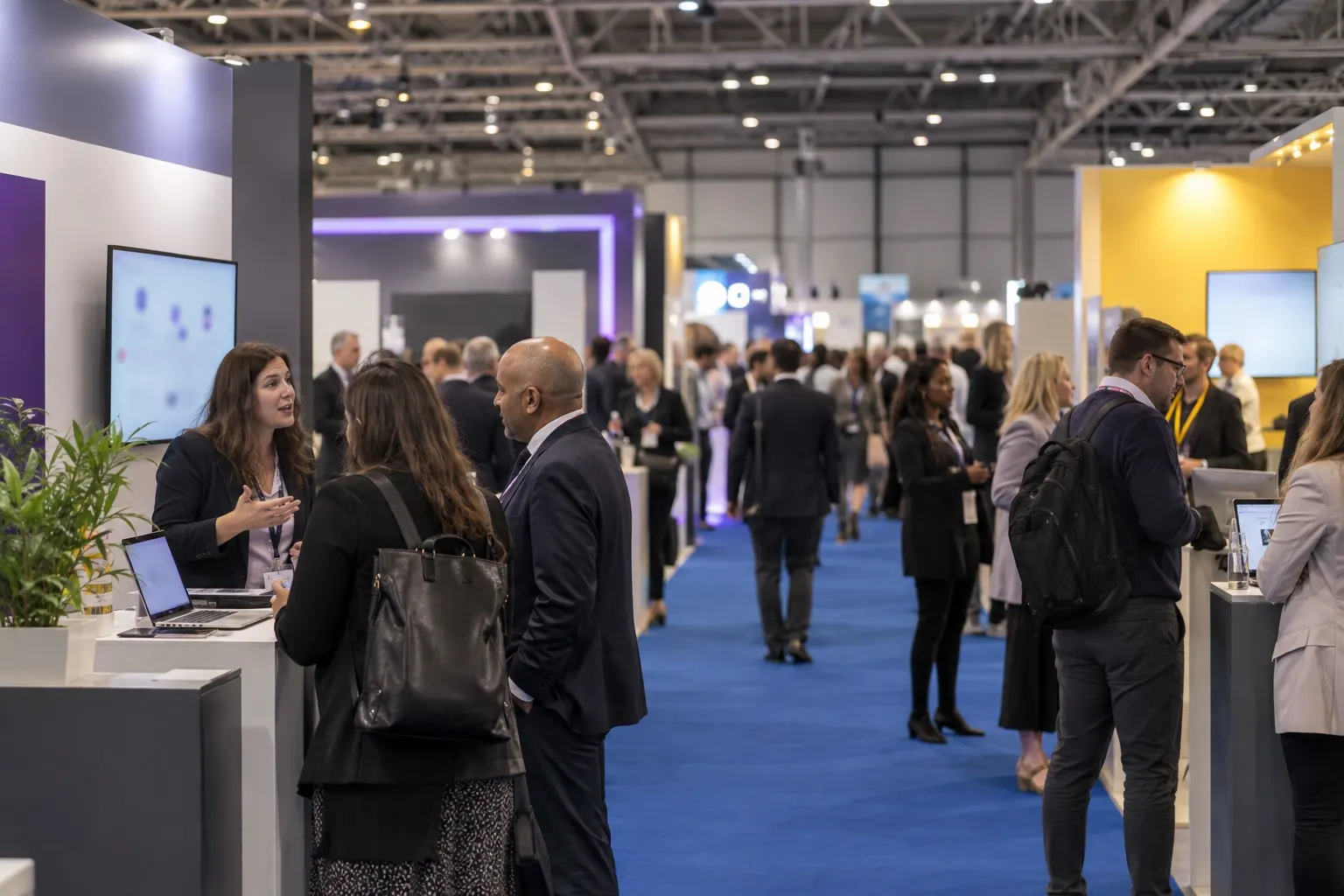 Illustrative HR technology exhibition aisle with workplace software stands