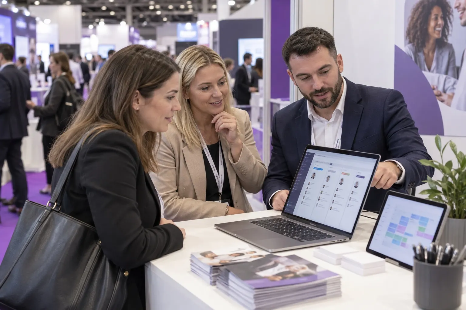 Illustrative HRIS and recruitment software discussion at an exhibition stand