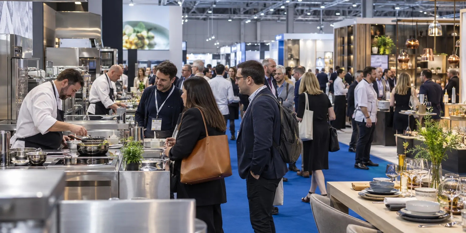 Illustrative HRC-style hospitality trade hall with chefs, operators and equipment stands