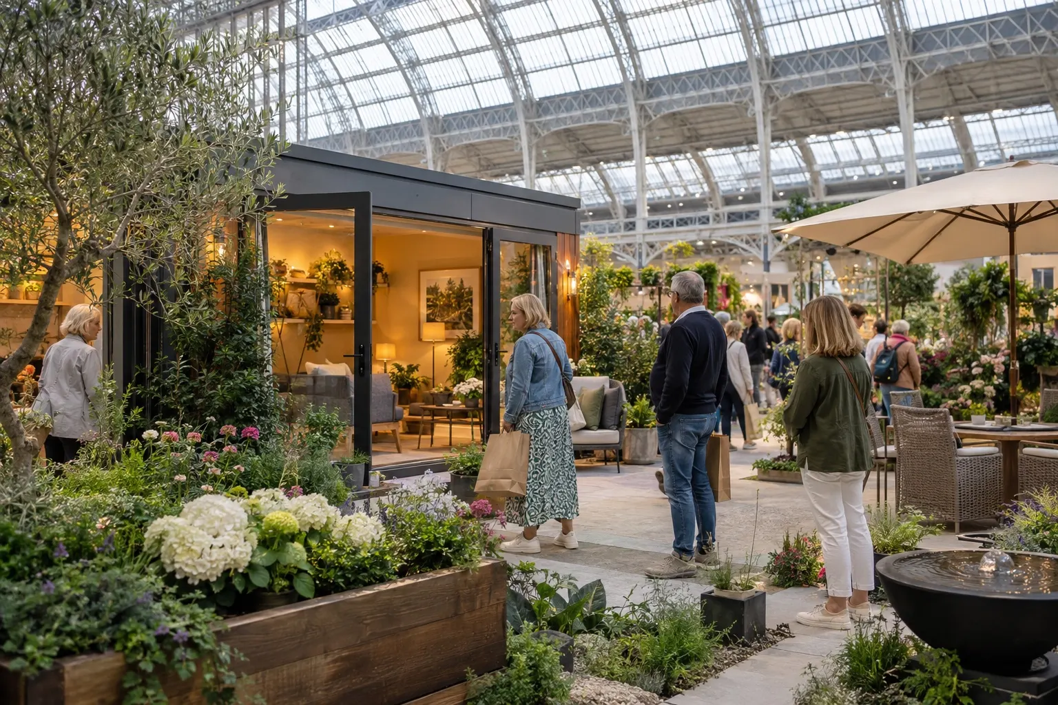 Illustrative garden and outdoor living display at a home show