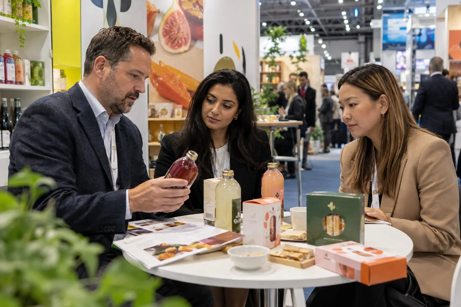 Illustrative food and drink buyers discussing products at an exhibition table
