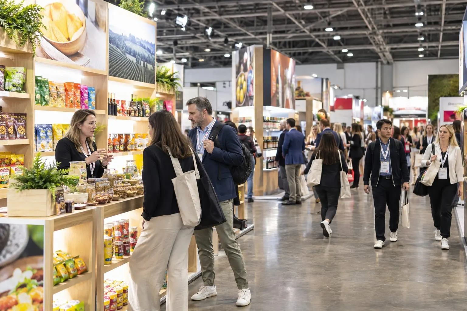 Illustrative IFE-style food and drink exhibition hall with product stands