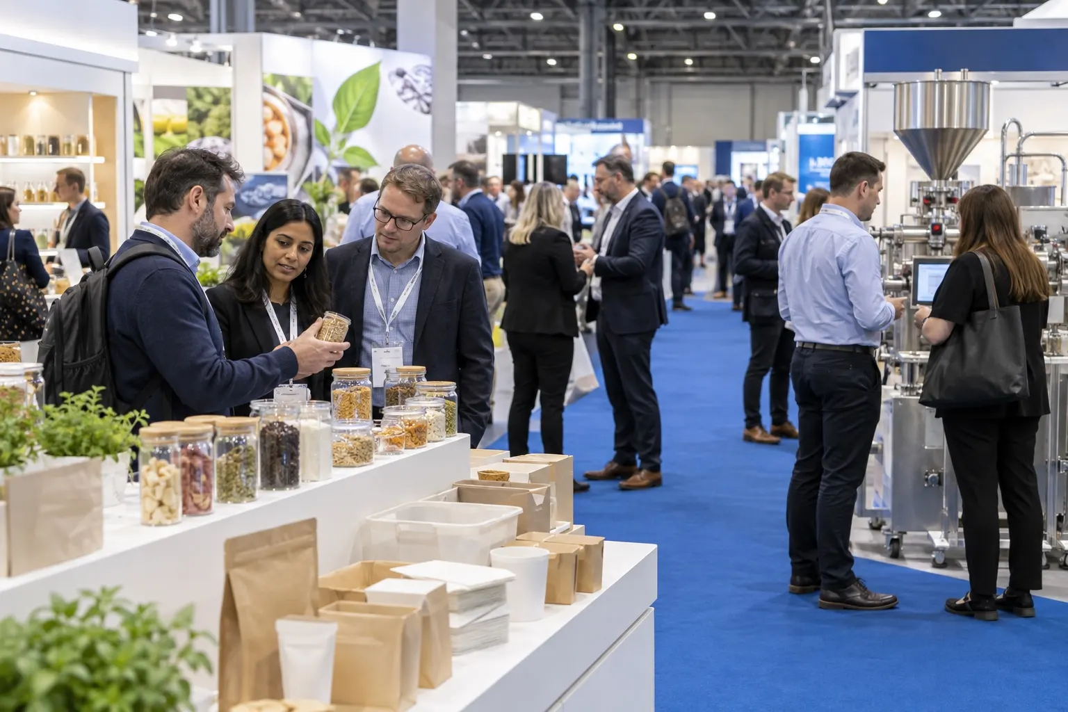 Illustrative food manufacturing exhibition hall with ingredient and production stands