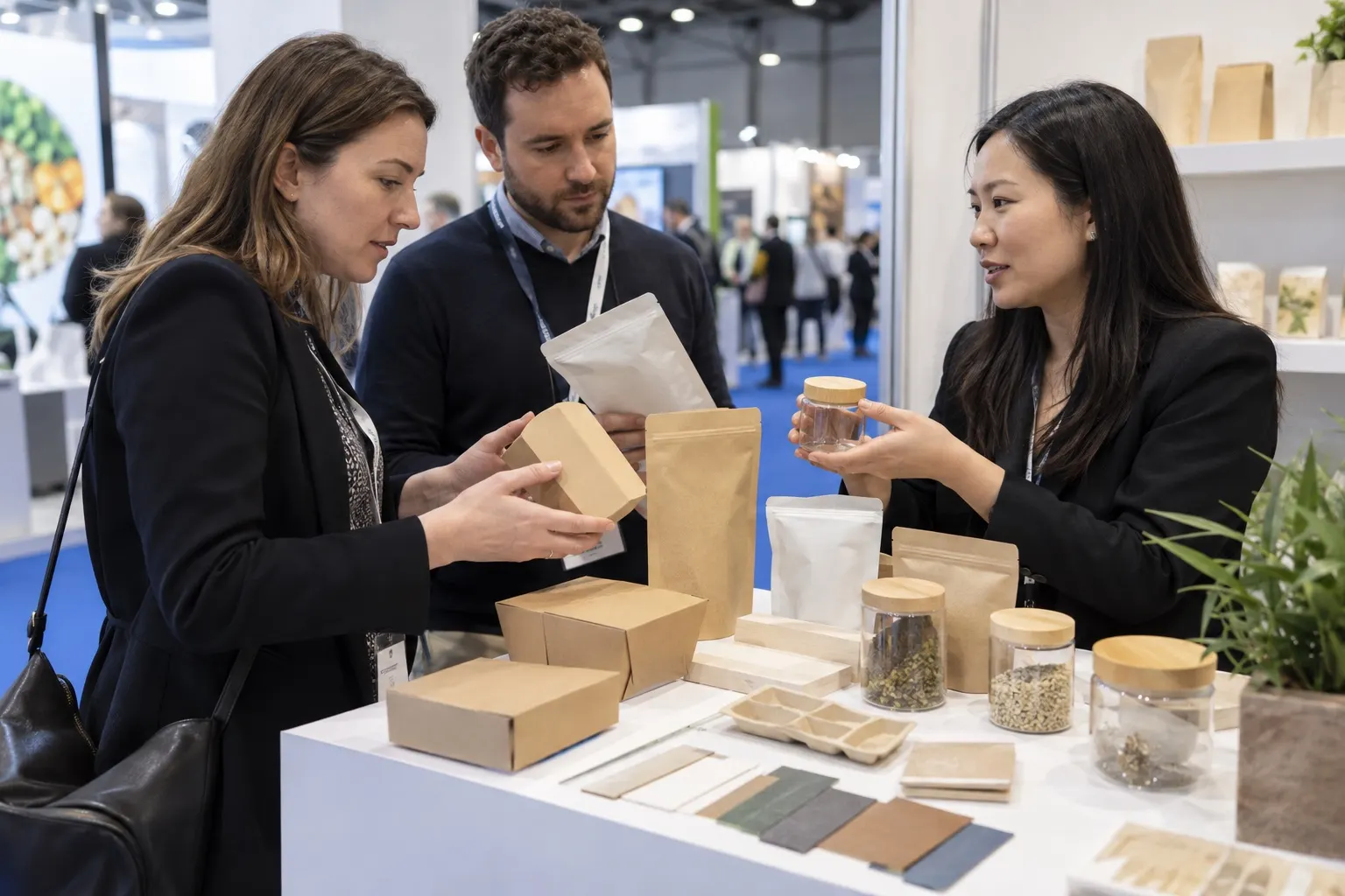 Illustrative packaging prototypes and ingredient samples discussed at a trade stand