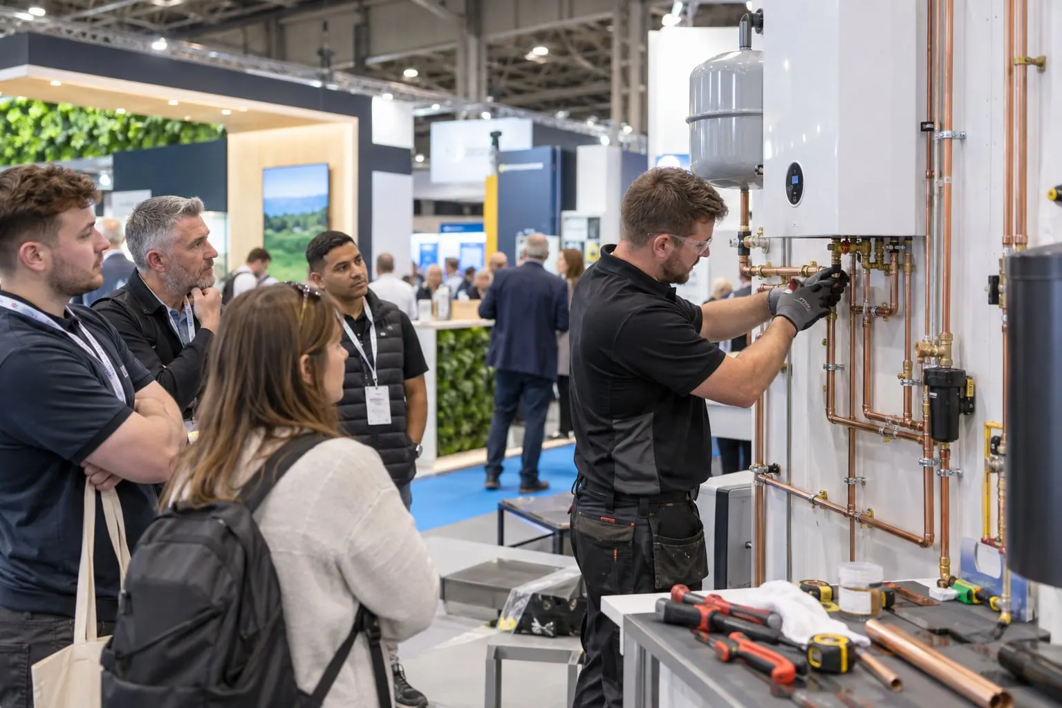 Illustrative installer demonstrating water-heating pipework to visitors