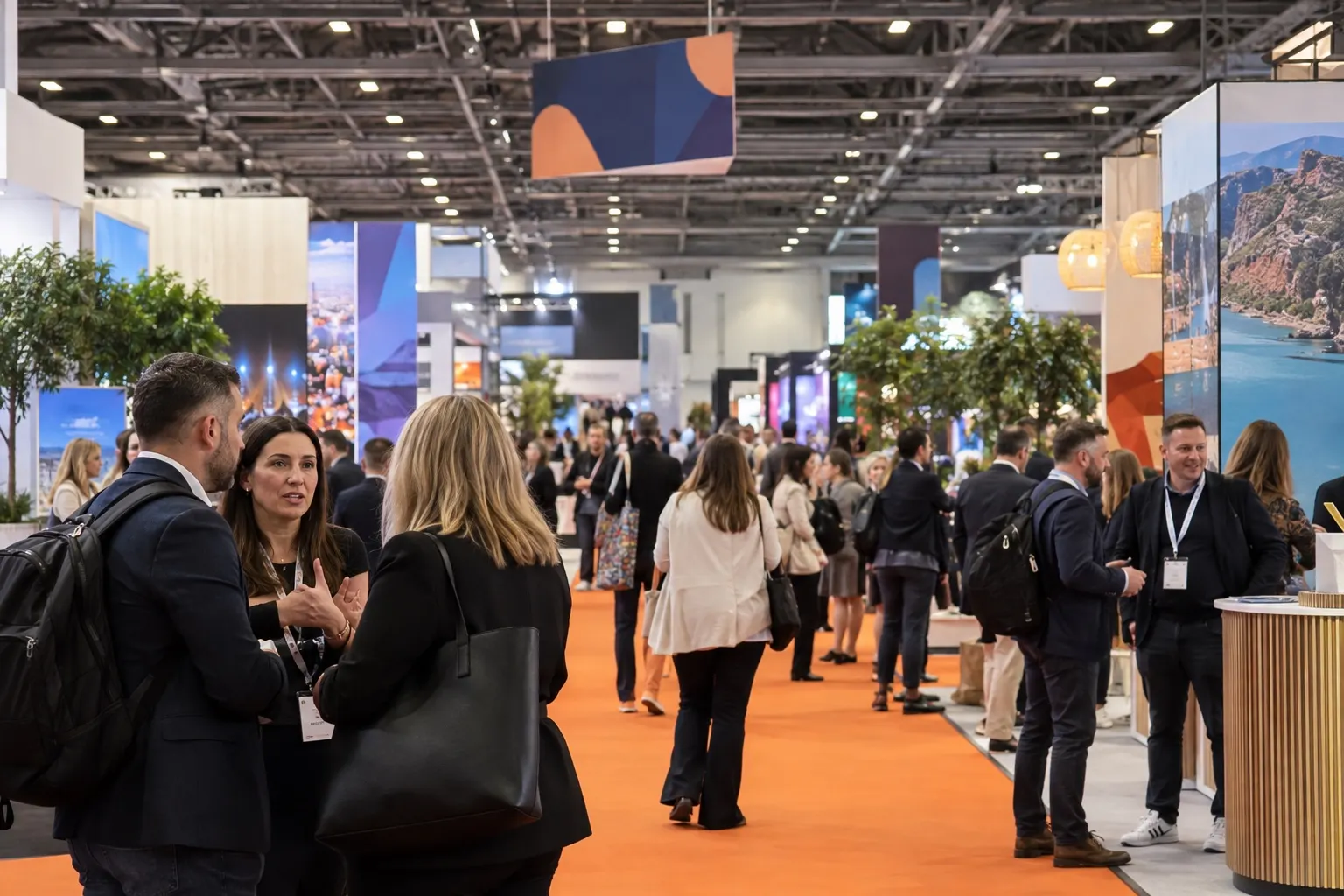 Illustrative event-industry trade hall with orange aisles in an Excel-style venue